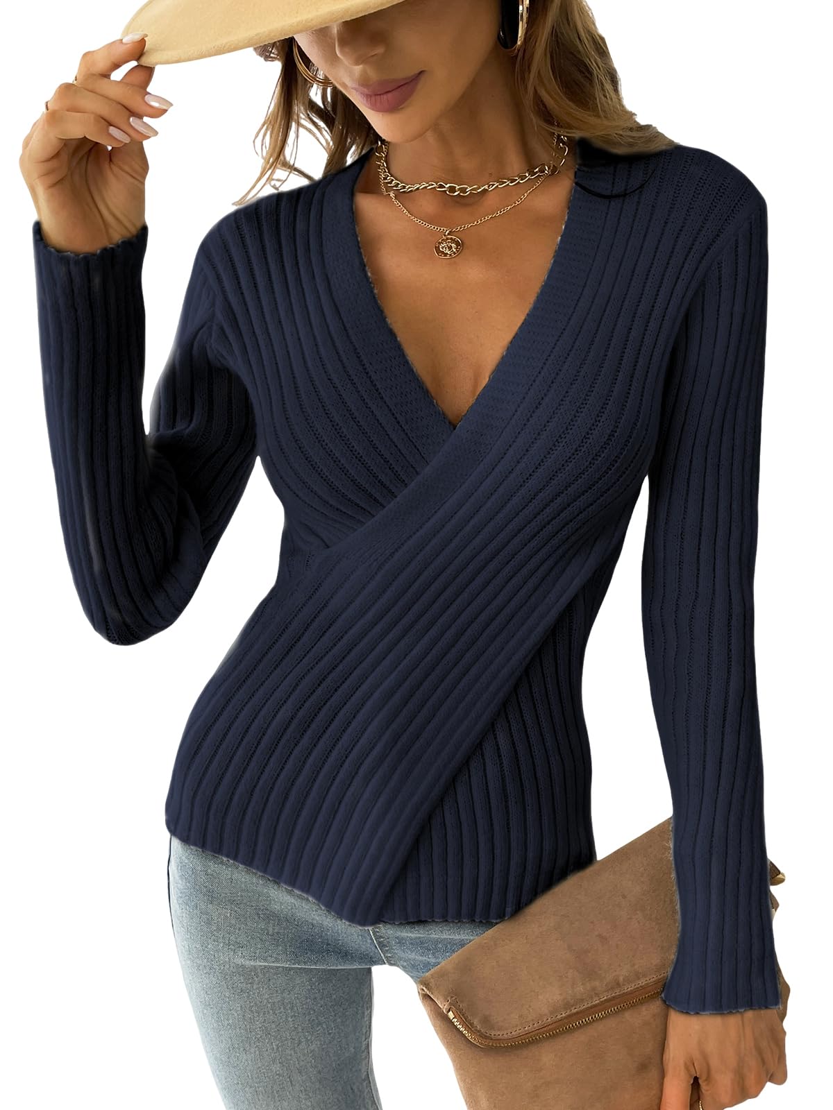 Jersey Sexy Cupshe Para Mujer, Cuello En V, Manga Larga, Azul Marino, L - Venta Internacional.