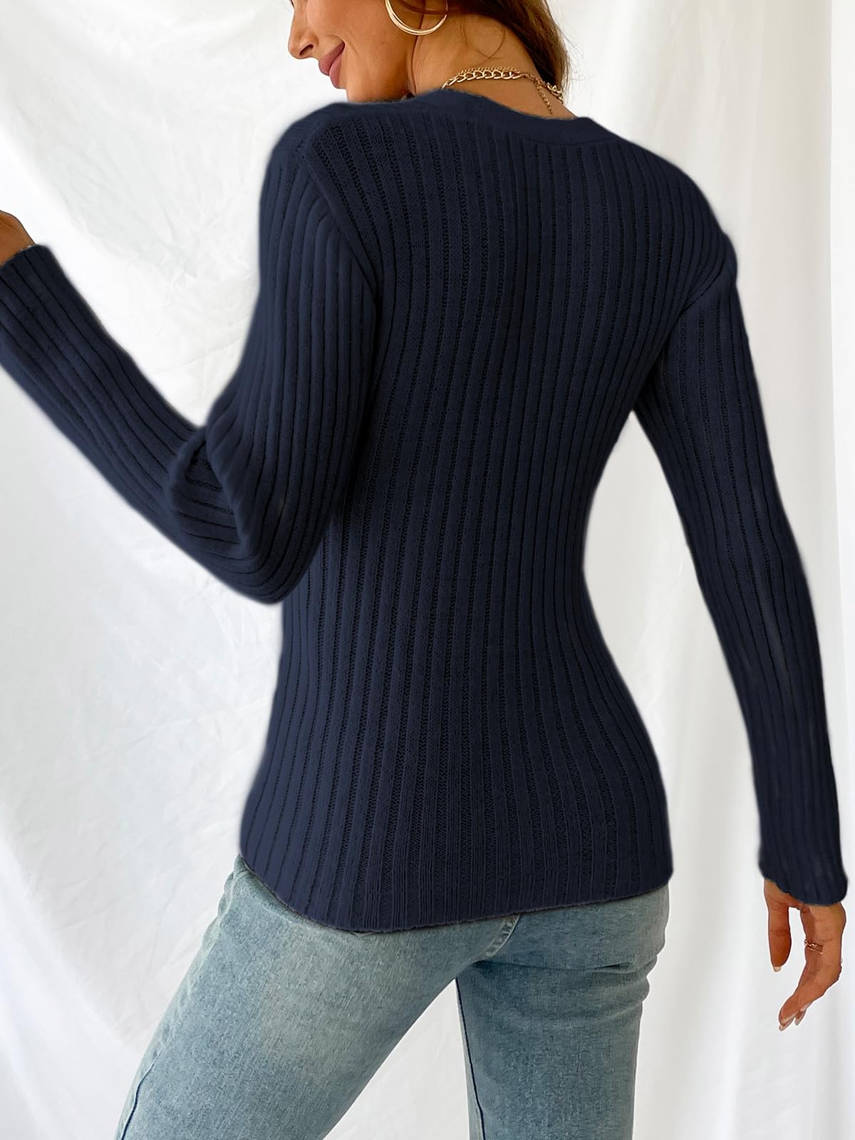 Foto 6 pulgar | Jersey Sexy Cupshe Para Mujer, Cuello En V, Manga Larga, Azul Marino, L - Venta Internacional.