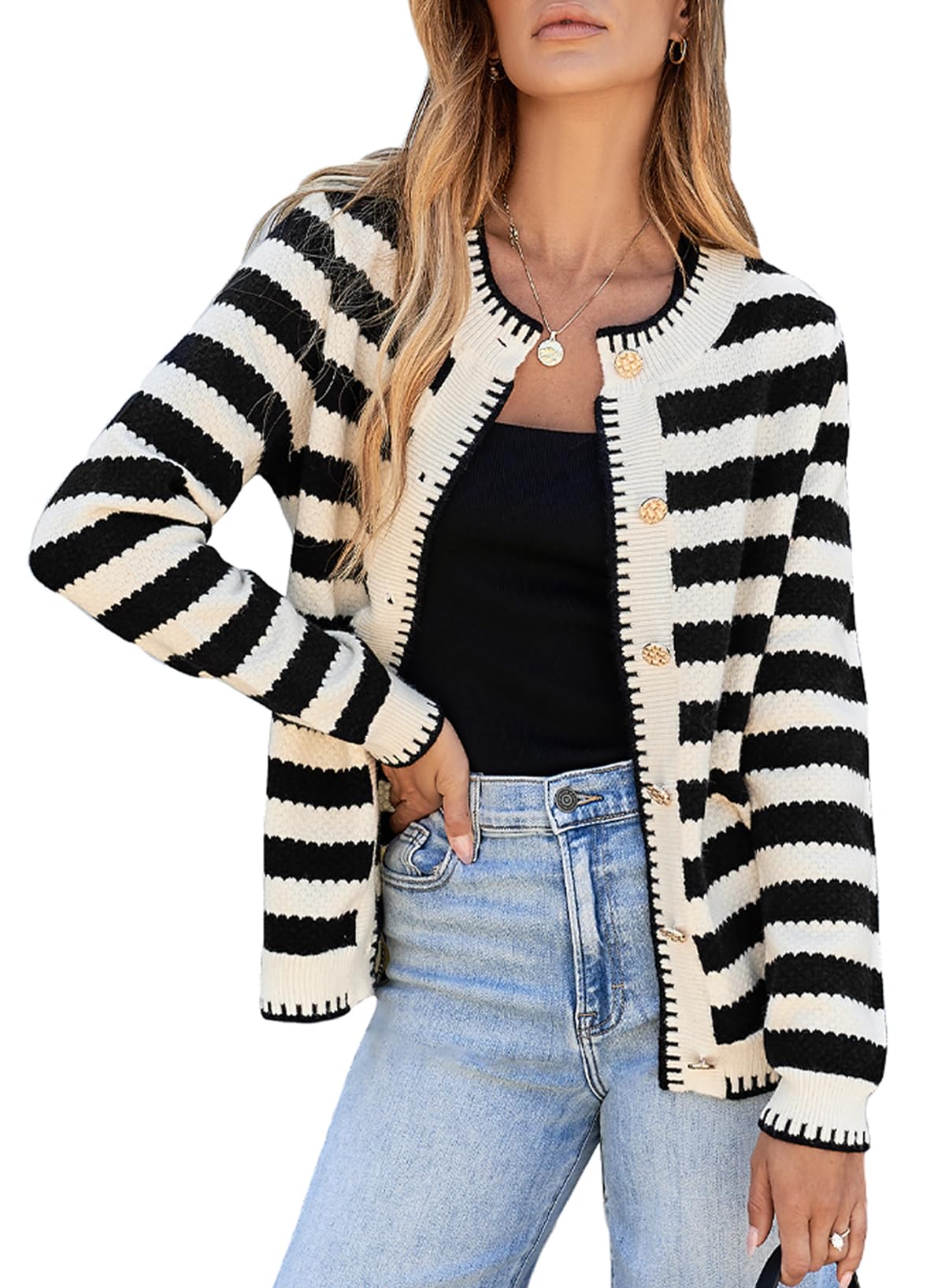 Jersey Tipo Cárdigan Con Estampado Lateral A Rayas Y Frente Abierto Para Mujer, Color Negro - Venta Internacional.