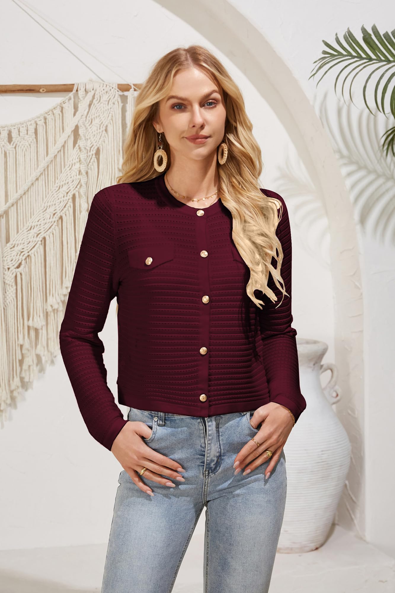 Foto 4 | Jersey Tipo Cárdigan Grace Karin, De Punto Ligero, Rojo Vino, Xl - Venta Internacional.