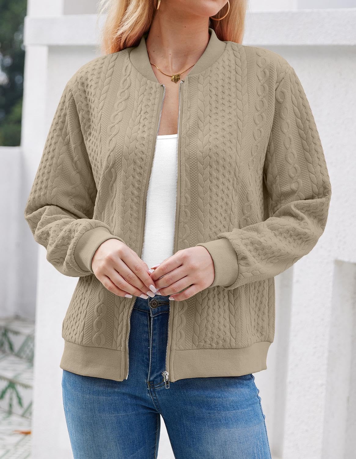 Foto 3 pulgar | Sudadera Tipo Cárdigan Wrolem Para Mujer Con Cremallera Y Capucha, Color Caqui - Venta Internacional.