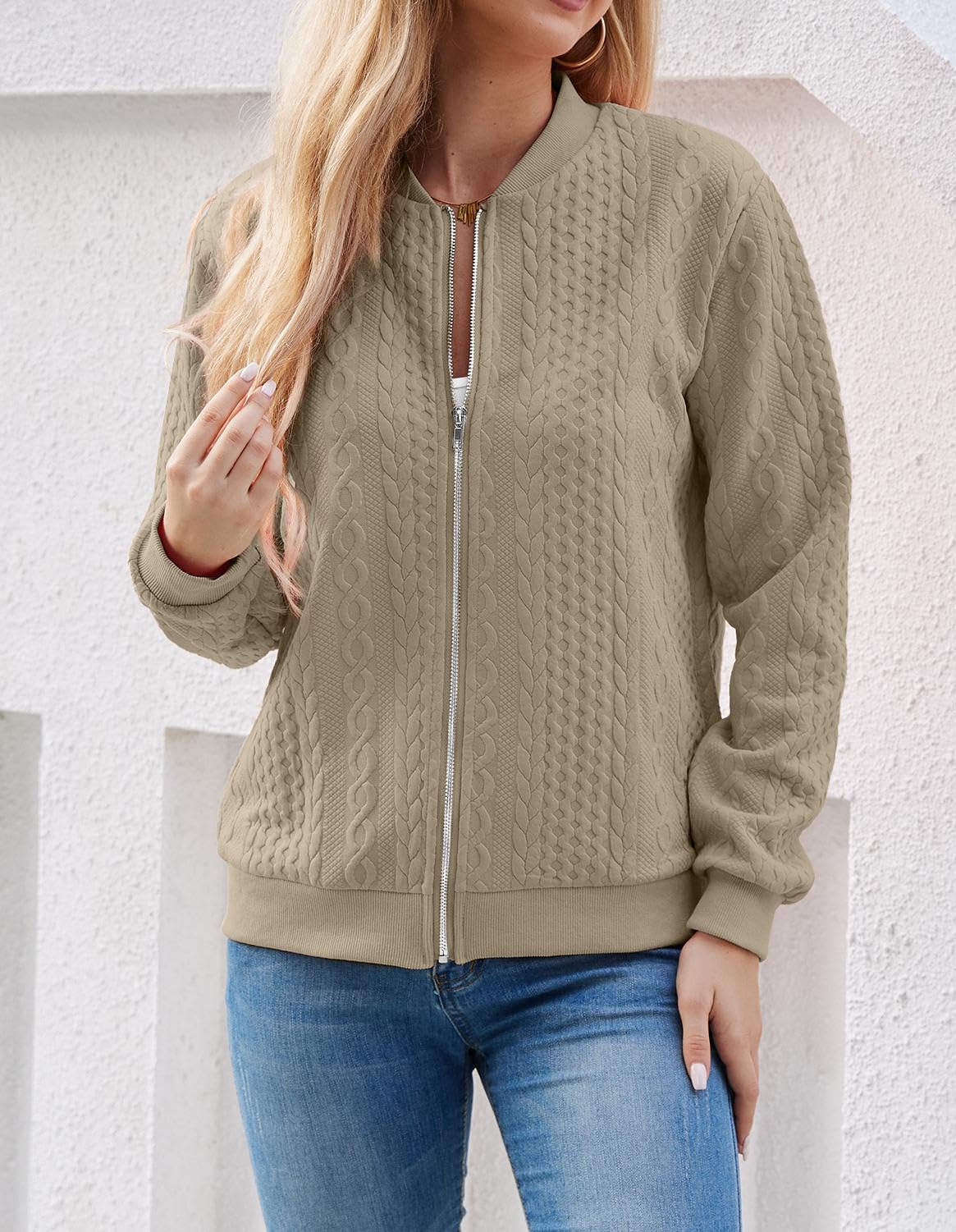 Foto 5 pulgar | Sudadera Tipo Cárdigan Wrolem Para Mujer Con Cremallera Y Capucha, Color Caqui - Venta Internacional.