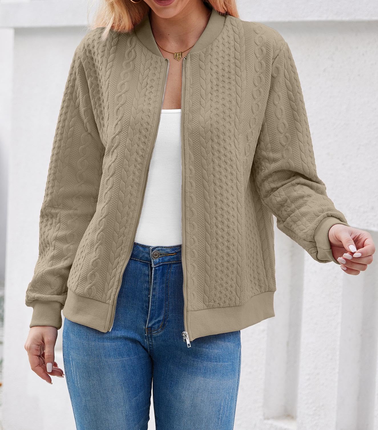 Foto 6 | Sudadera Tipo Cárdigan Wrolem Para Mujer Con Cremallera Y Capucha, Color Caqui - Venta Internacional.