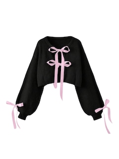 Foto 1 | Jersey Tipo Cárdigan Verdusa Para Mujer Con Pajarita Tejida En Crema Y Negro - Venta Internacional.