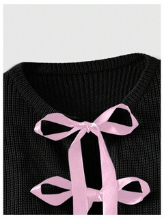Foto 3 | Jersey Tipo Cárdigan Verdusa Para Mujer Con Pajarita Tejida En Crema Y Negro - Venta Internacional.
