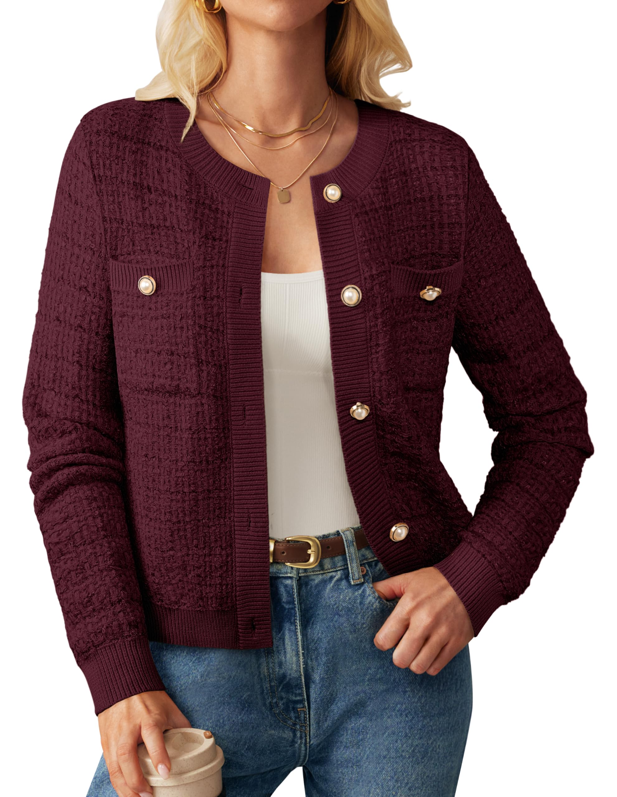 Foto 1 | Jersey Tipo Cárdigan Grace Karin Con Parte Delantera Abierta Y Manga Larga, Color Rojo Vino - Venta Internacional.