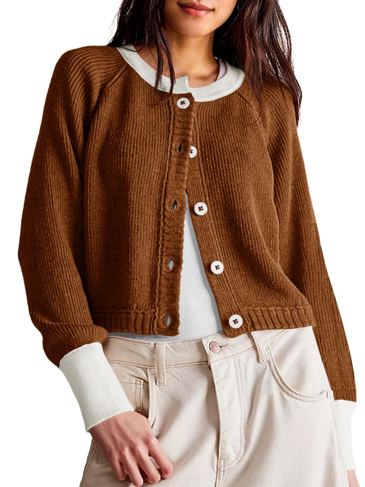 Jersey Tipo Cárdigan Saodimallsu, Recortado, Con Bloques De Color Café, Para Mujer - Venta Internacional.