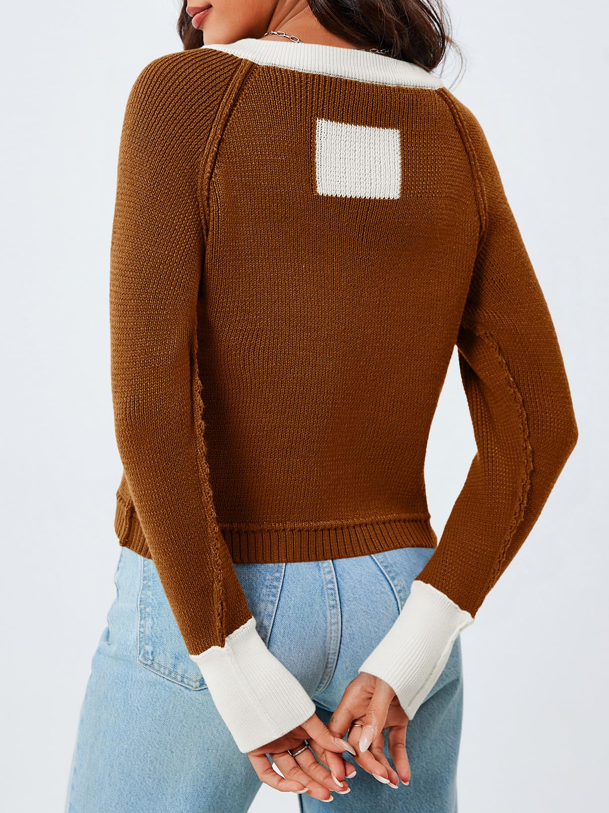 Foto 5 | Jersey Tipo Cárdigan Saodimallsu, Recortado, Con Bloques De Color Café, Para Mujer - Venta Internacional.