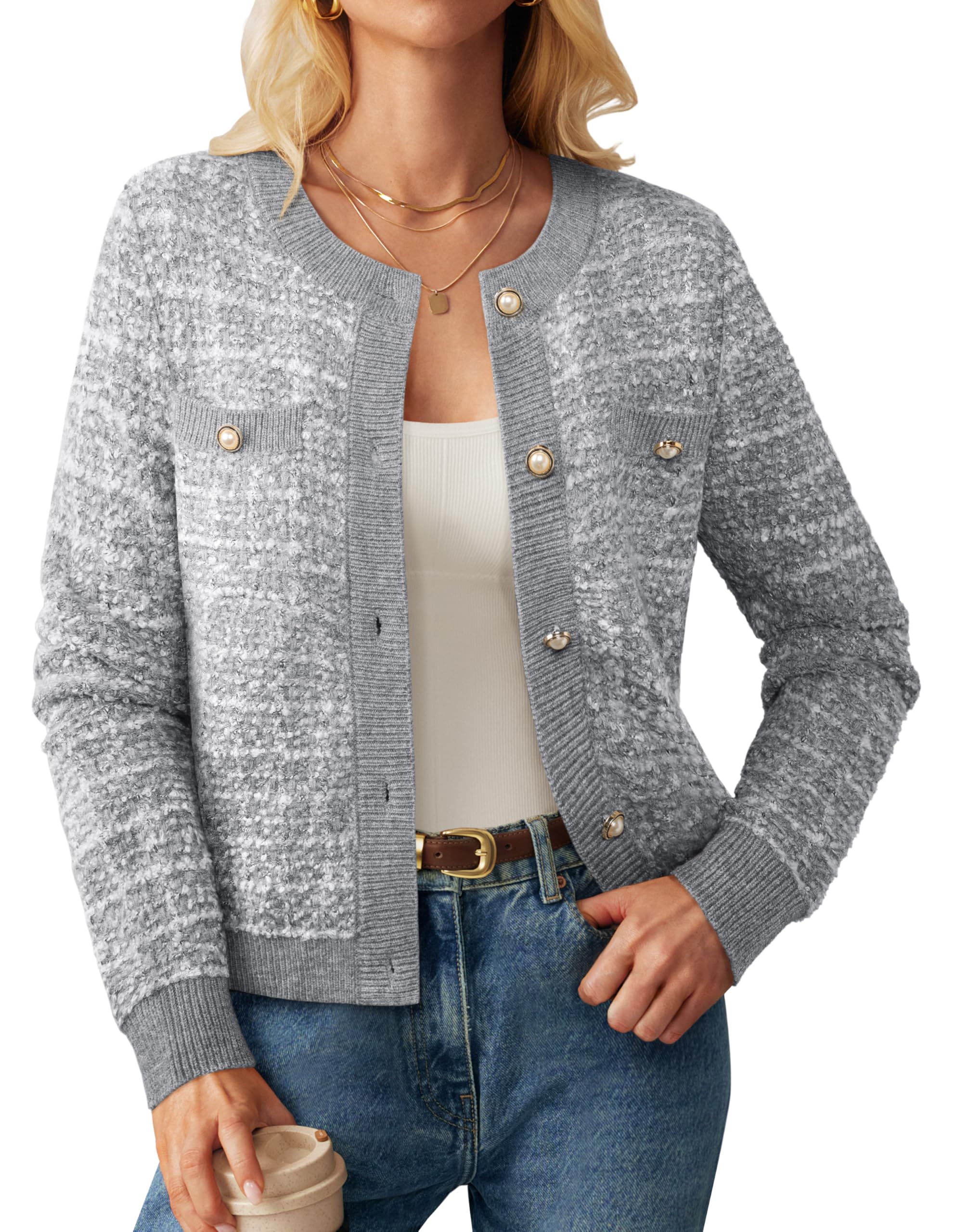 Jersey Tipo Cárdigan Grace Karin Con Botones, Gris Ligero - Venta Internacional.