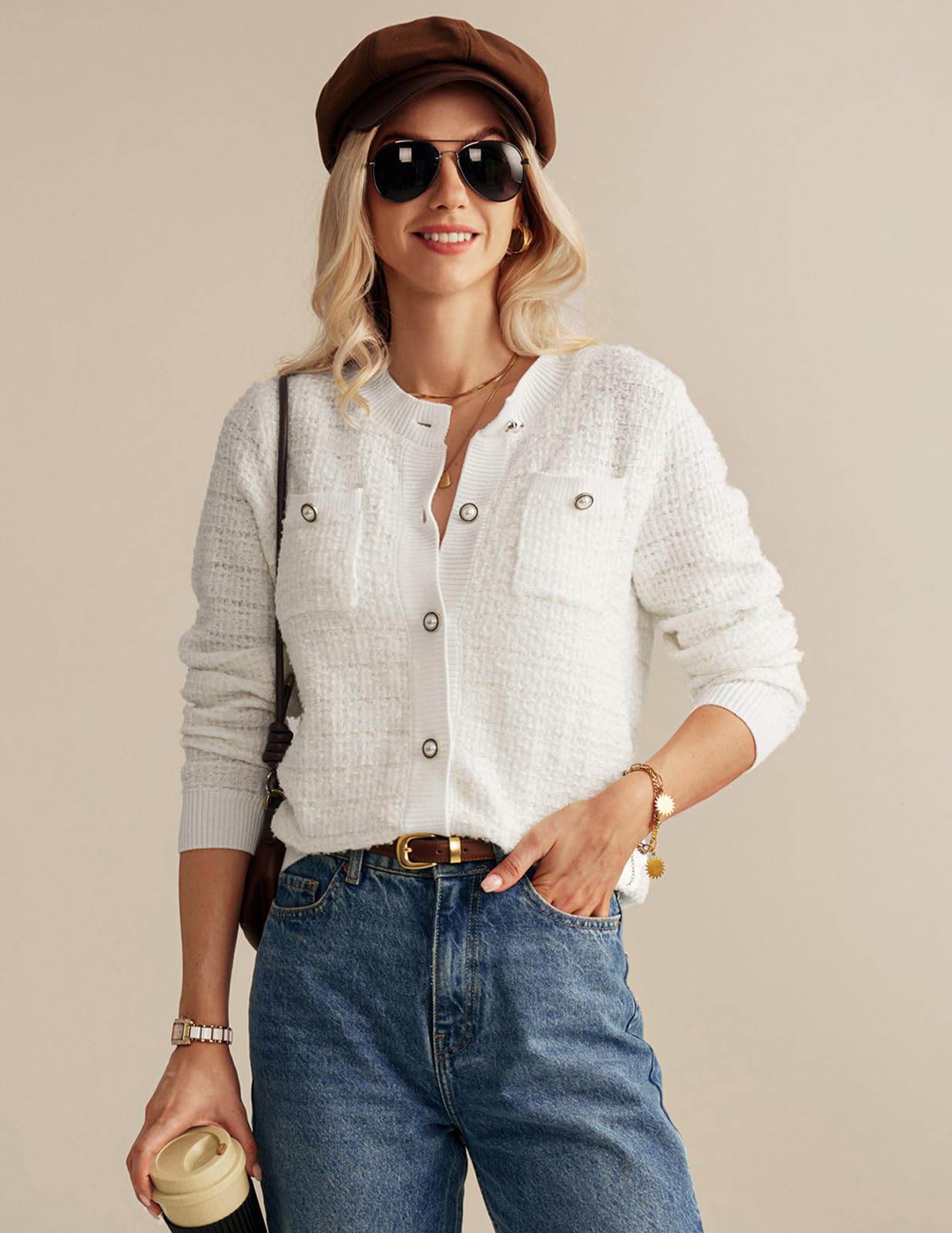 Foto 4 | Jersey Tipo Cárdigan Grace Karin De Manga Larga Para Mujer, Color Blanco - Venta Internacional.
