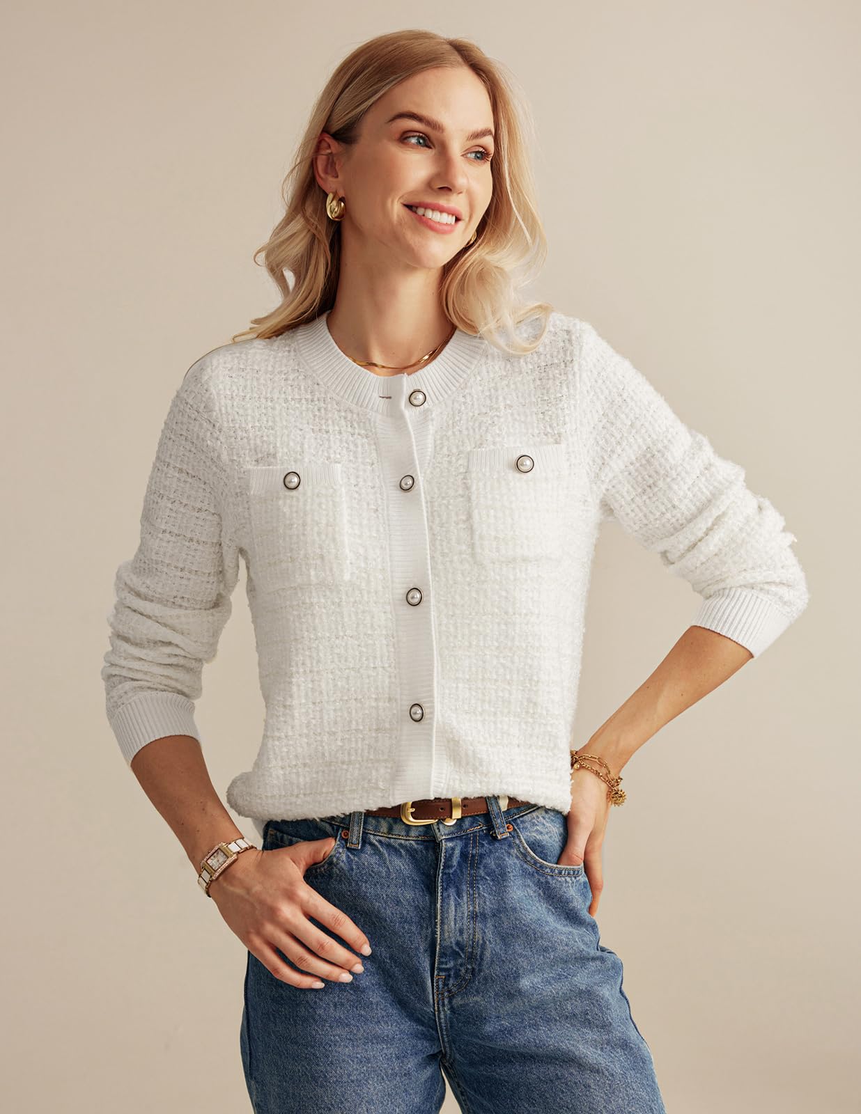 Foto 6 | Jersey Tipo Cárdigan Grace Karin De Manga Larga Para Mujer, Color Blanco - Venta Internacional.