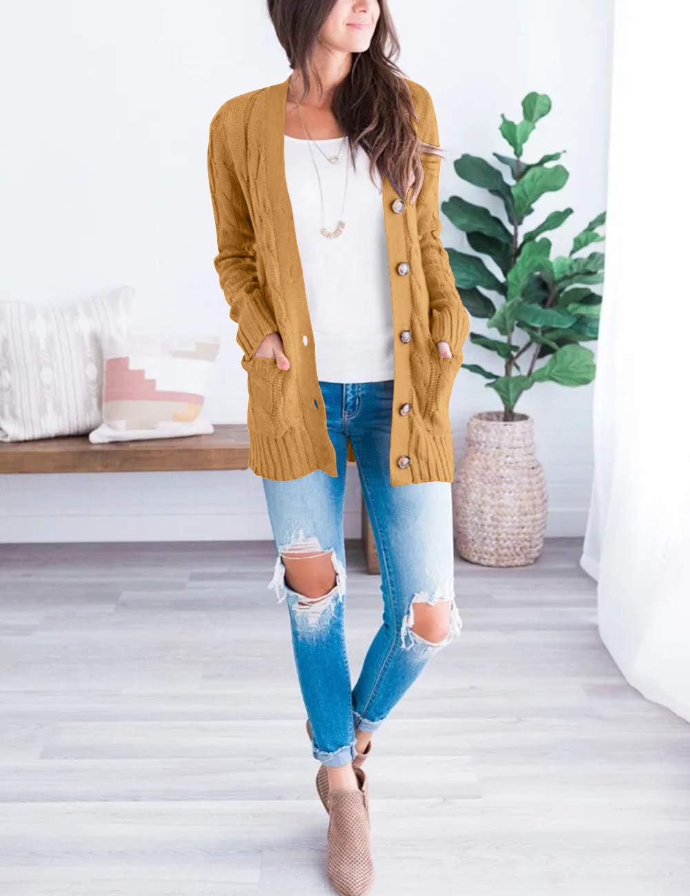 Foto 7 pulgar | Jersey Tipo Cárdigan Merokeety para Mujer de Punto Trenzado - Venta Internacional