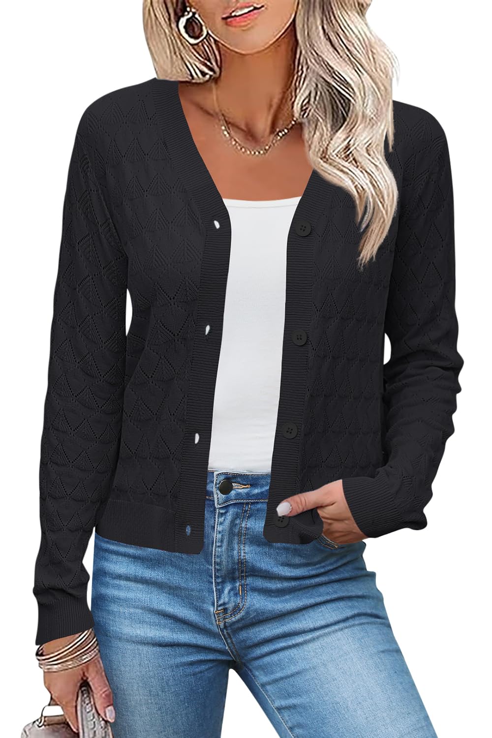 Jersey Tipo Cárdigan Lomon Recortado Para Mujer, Negro, Ligero - Venta Internacional.