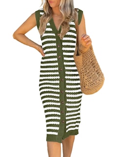 Foto 1 | Vestido Tipo Suéter Blencot Con Cuello En V A Rayas Verde Para Mujer - Venta Internacional.