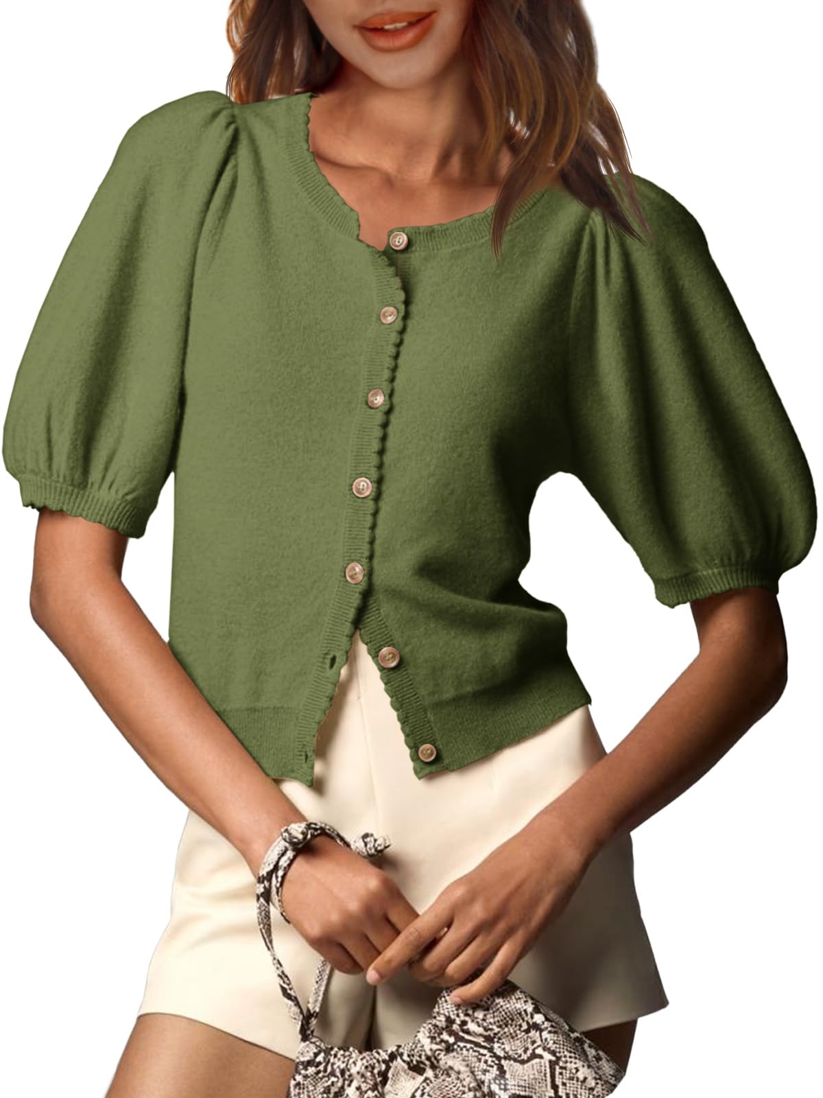 Foto 1 | Cárdigan Saodimallsu Puff De Manga Corta Para Mujer, Color Verde Militar - Venta Internacional.