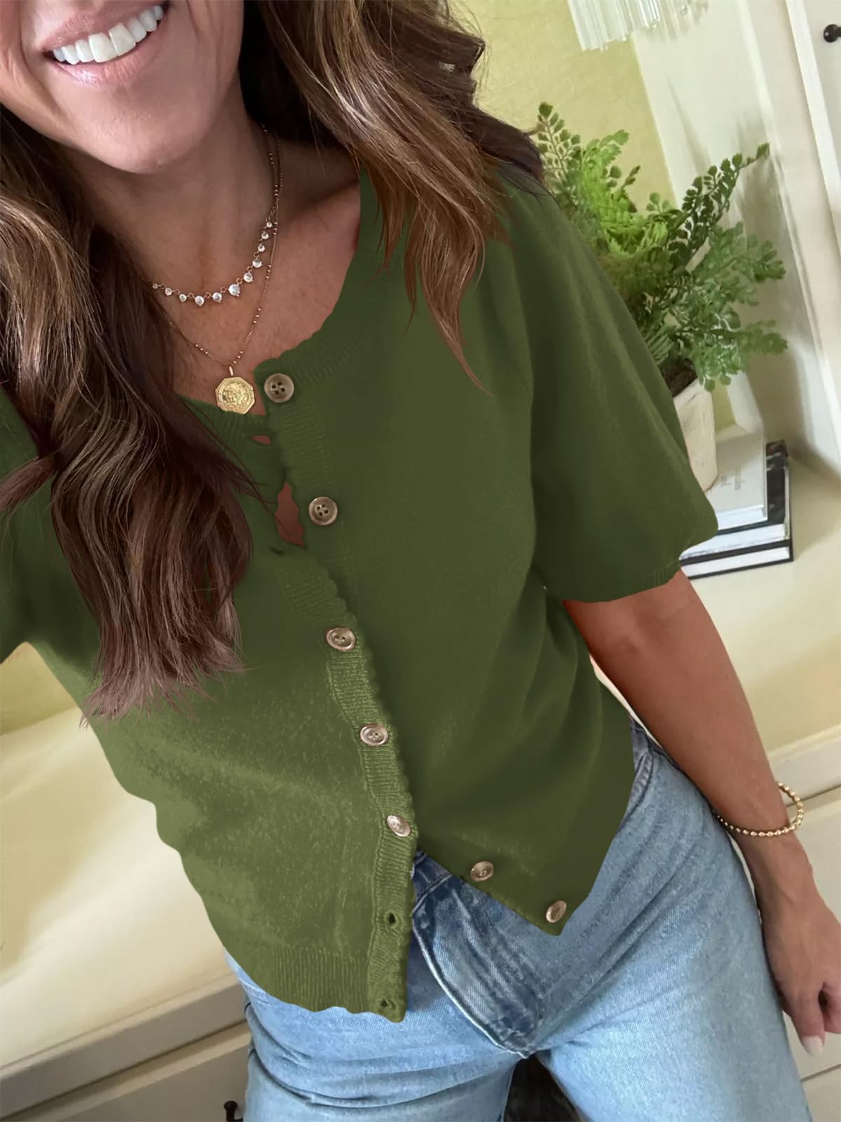 Foto 3 | Cárdigan Saodimallsu Puff De Manga Corta Para Mujer, Color Verde Militar - Venta Internacional.