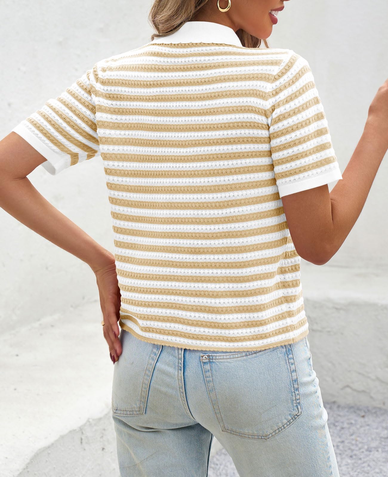 Foto 6 pulgar | Suéter Polo a Rayas Saodimallsu Manga Corta para Mujer Caqui - Venta Internacional