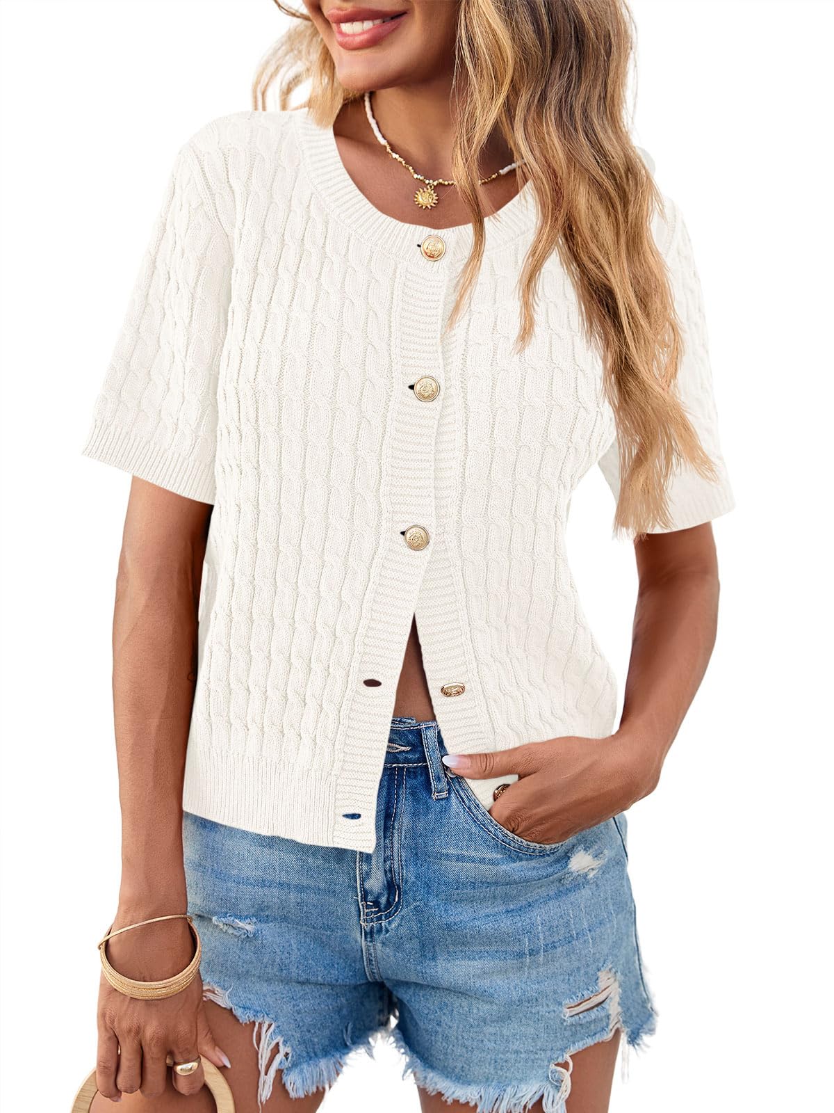Foto 2 pulgar | Chaqueta Saodimallsu Summer de Manga Corta Tejida Blanca - Venta Internacional
