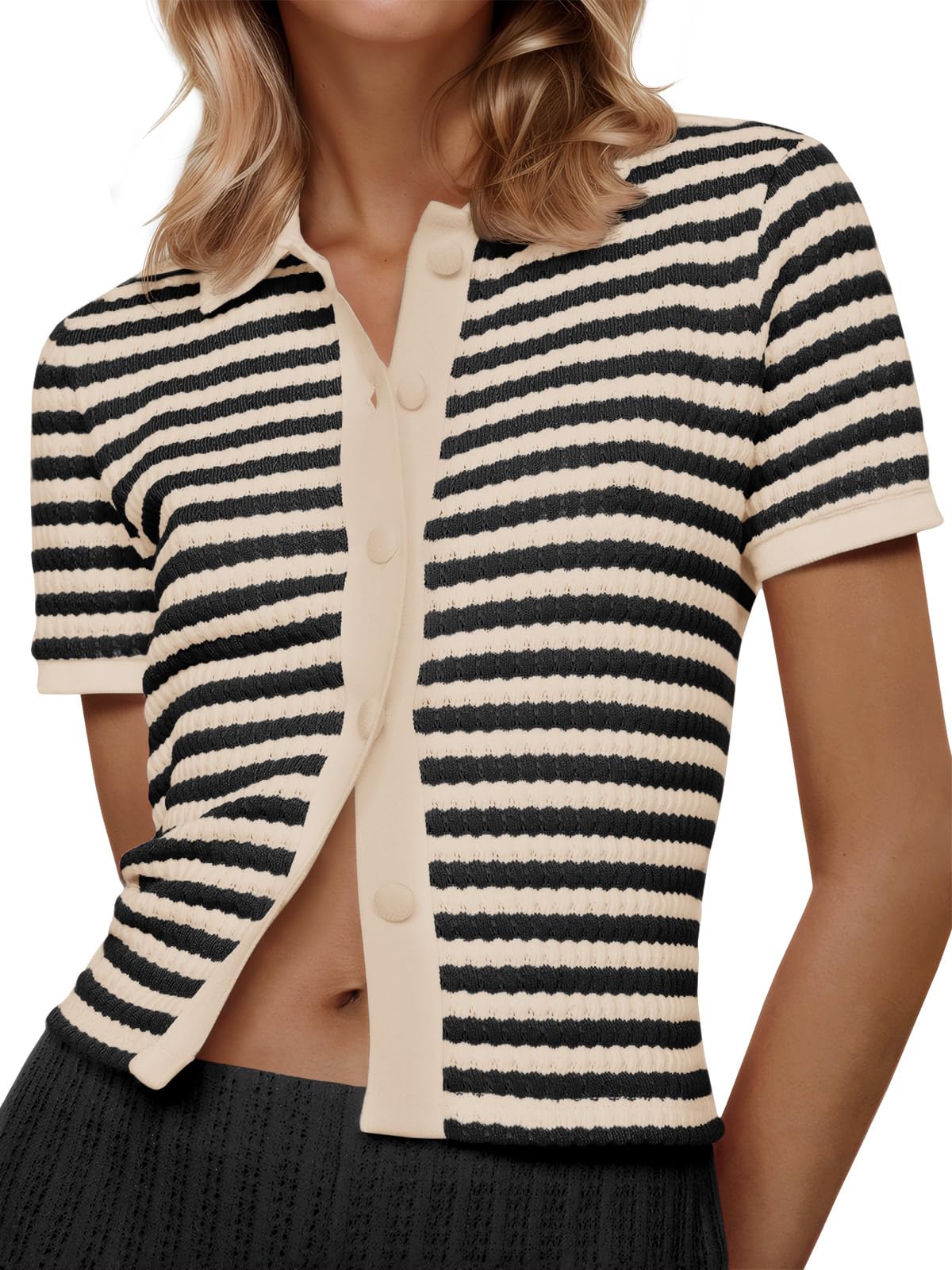 Suéter Polo a Rayas Saodimallsu Manga Corta para Mujer - Venta Internacional