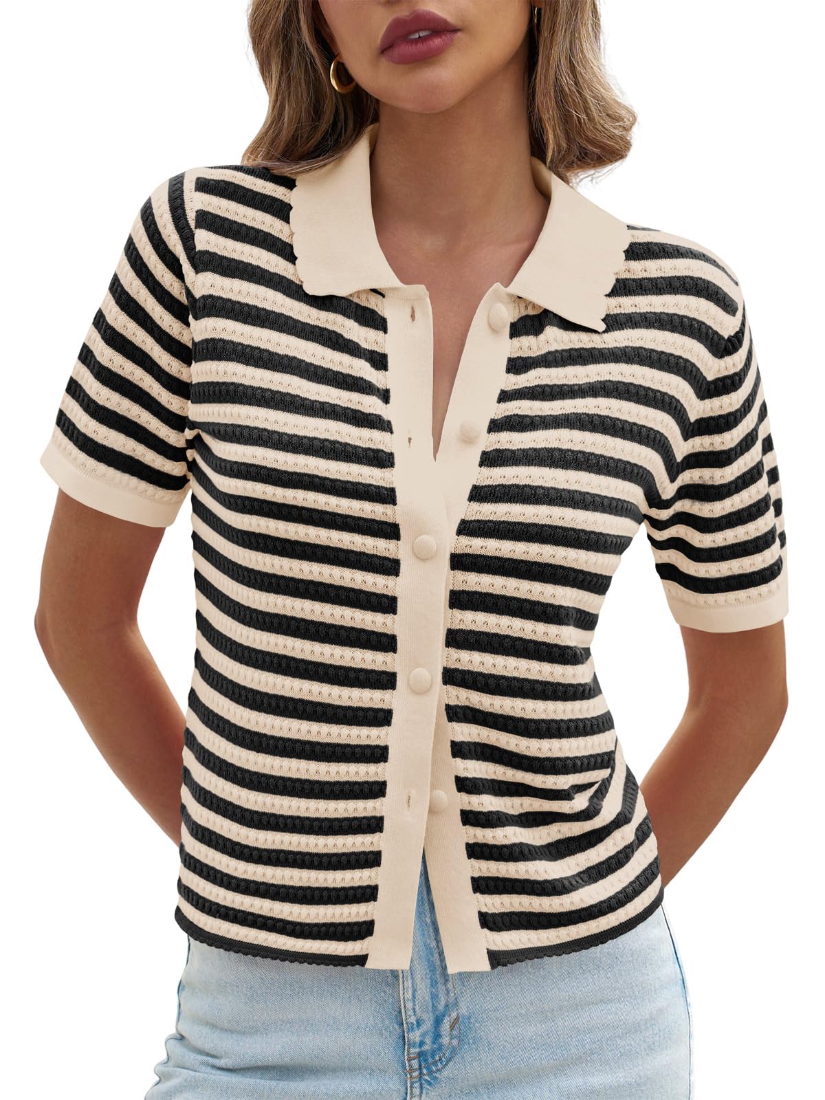 Foto 3 pulgar | Suéter Polo a Rayas Saodimallsu Manga Corta para Mujer - Venta Internacional