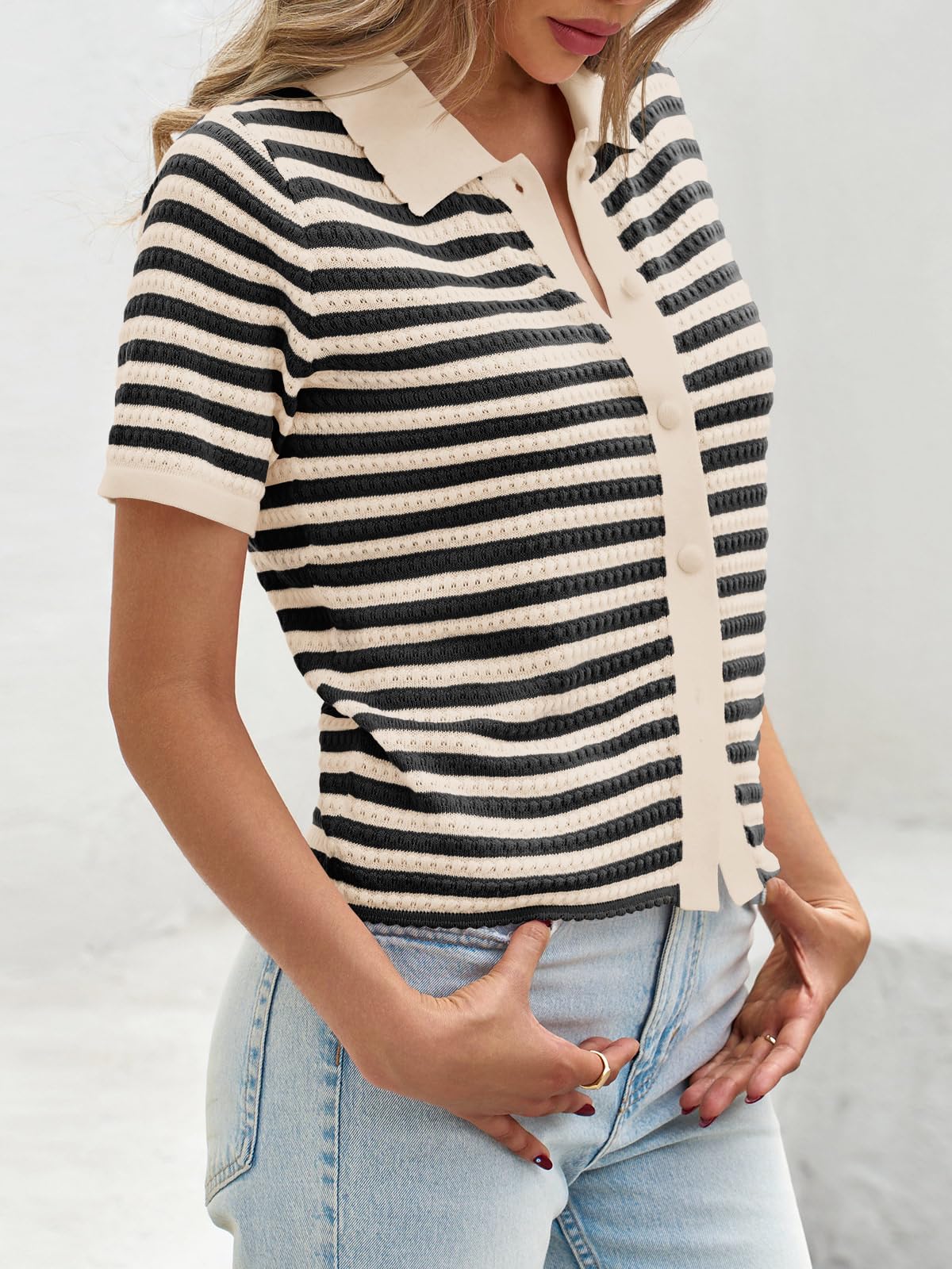 Foto 5 pulgar | Suéter Polo a Rayas Saodimallsu Manga Corta para Mujer - Venta Internacional