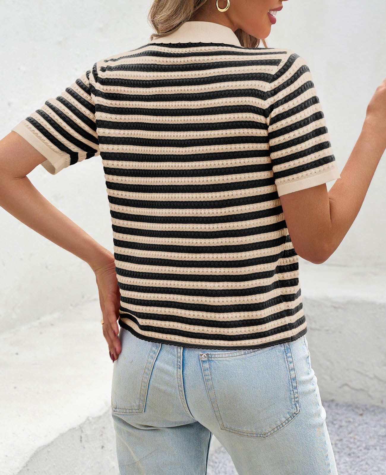 Foto 5 | Suéter Polo a Rayas Saodimallsu Manga Corta para Mujer - Venta Internacional