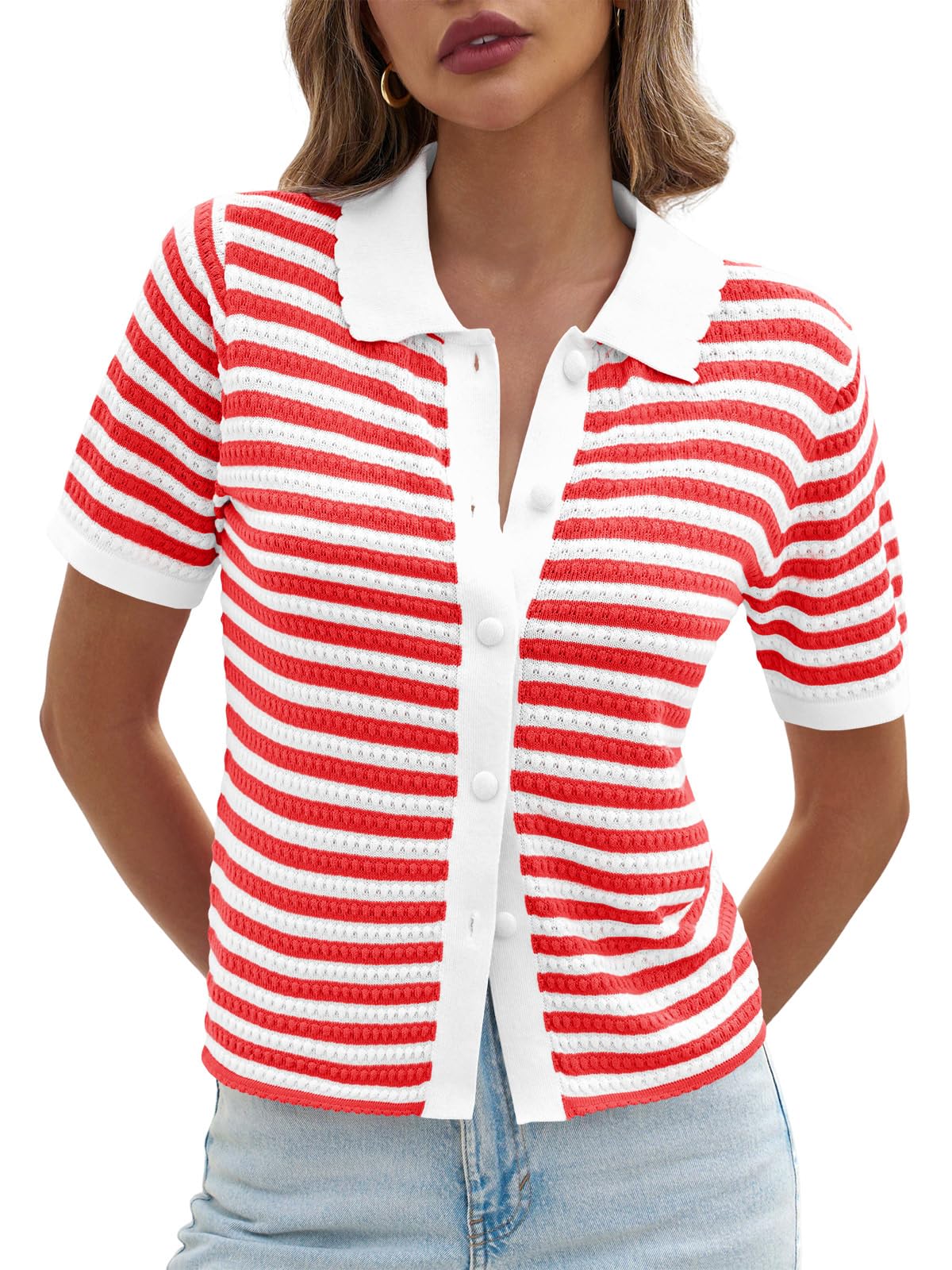 Foto 2 | Suéter Polo A Rayas Saodimallsu De Manga Corta Para Mujer - Venta Internacional.