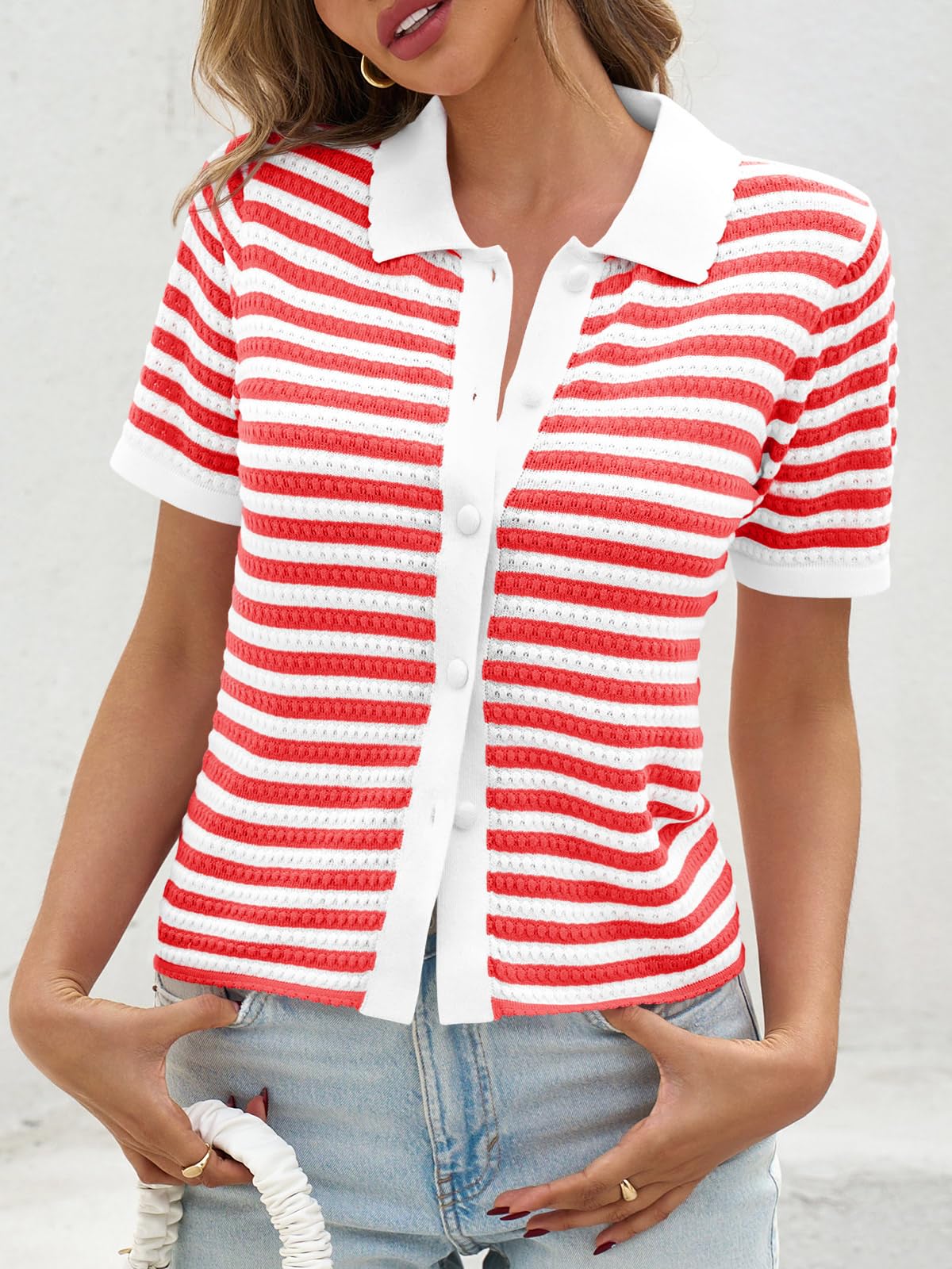 Foto 4 pulgar | Suéter Polo A Rayas Saodimallsu De Manga Corta Para Mujer - Venta Internacional.