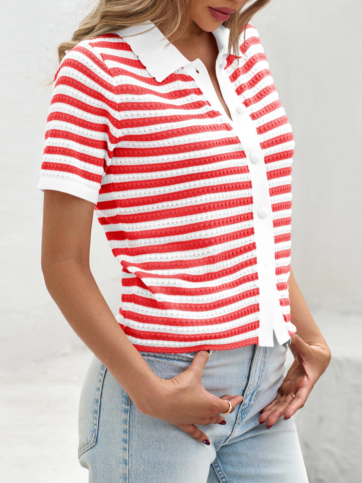 Foto 5 pulgar | Suéter Polo A Rayas Saodimallsu De Manga Corta Para Mujer - Venta Internacional.