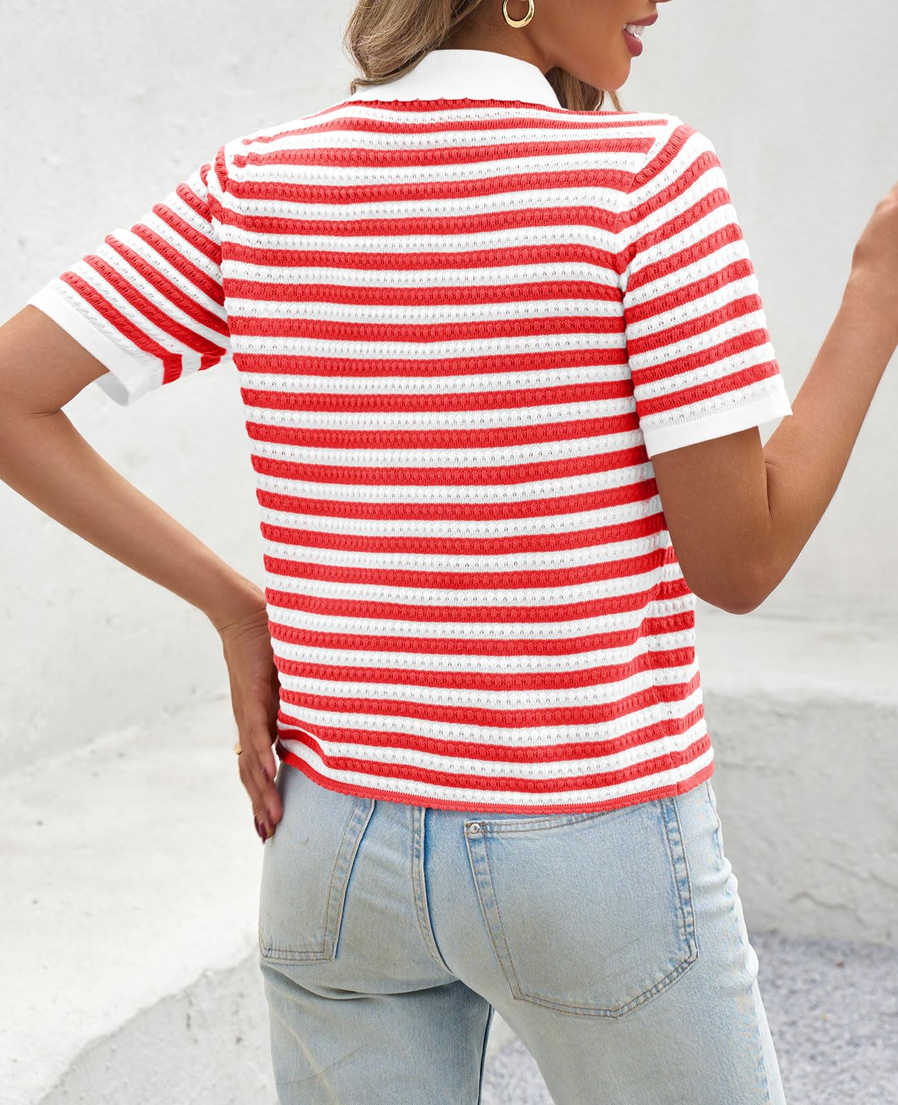 Foto 5 | Suéter Polo A Rayas Saodimallsu De Manga Corta Para Mujer - Venta Internacional.