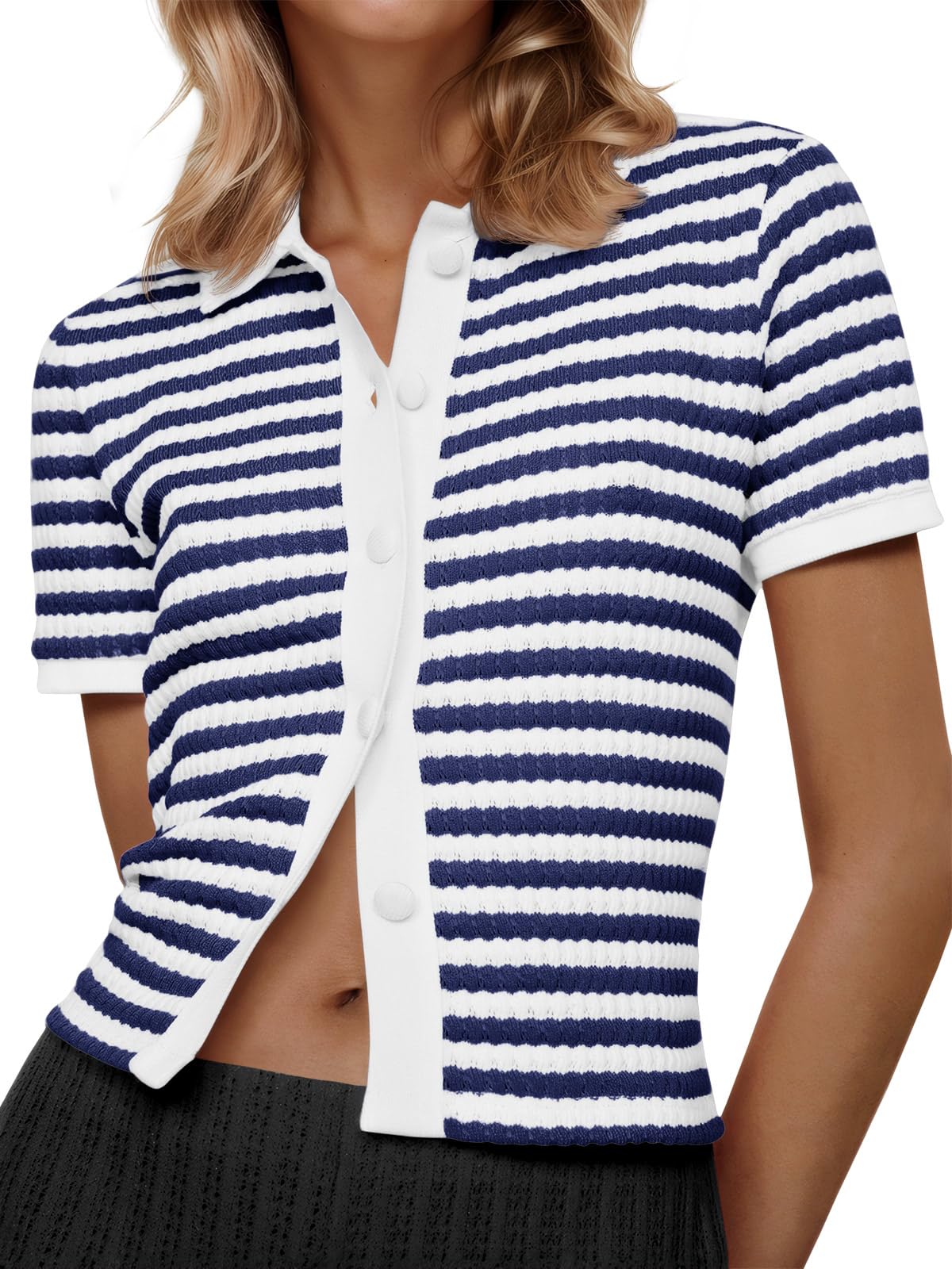 Foto 2 pulgar | Suéter Polo a Rayas Saodimallsu Manga Corta para Mujer Azul Marino - Venta Internacional