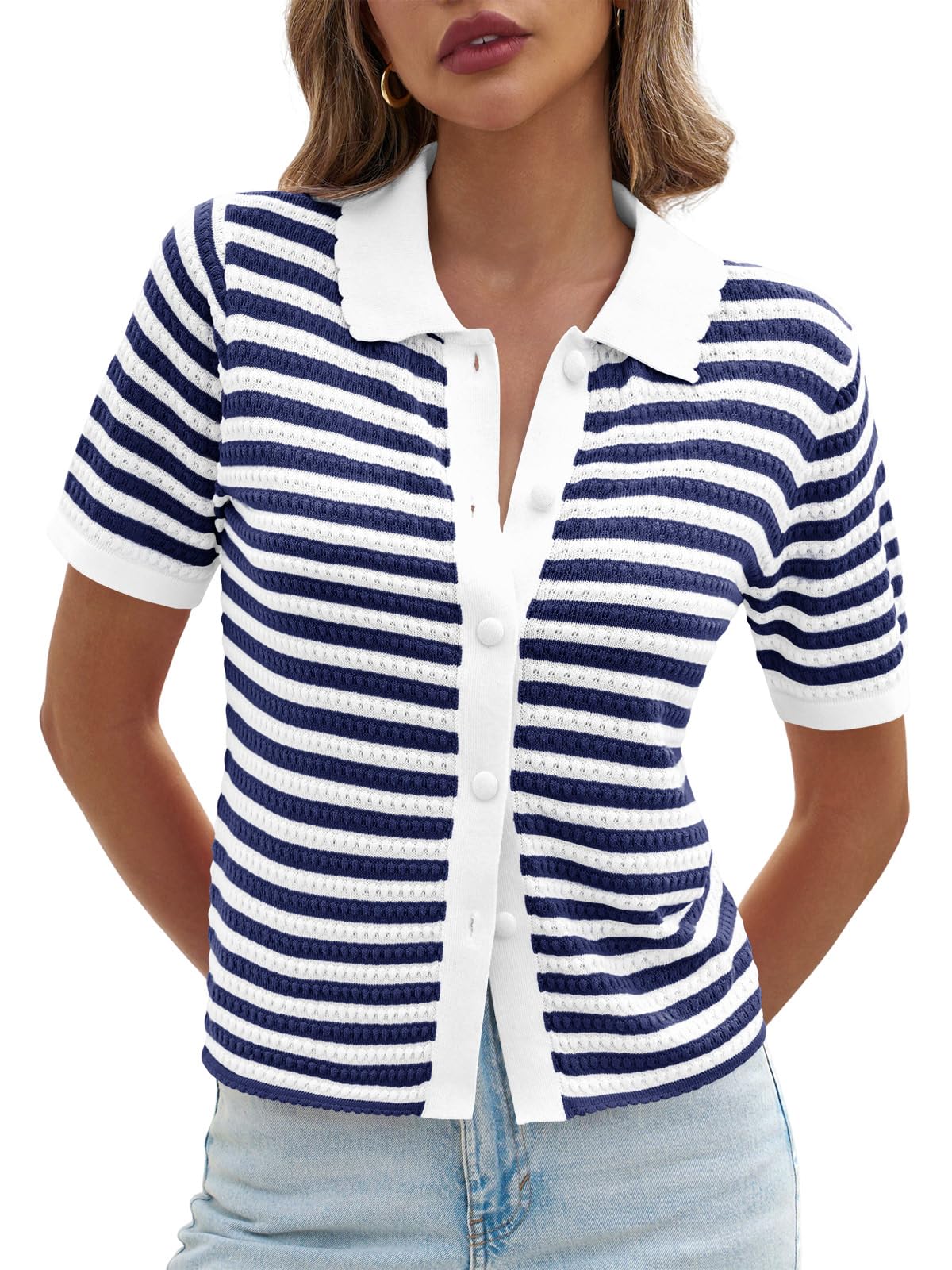 Foto 3 pulgar | Suéter Polo a Rayas Saodimallsu Manga Corta para Mujer Azul Marino - Venta Internacional