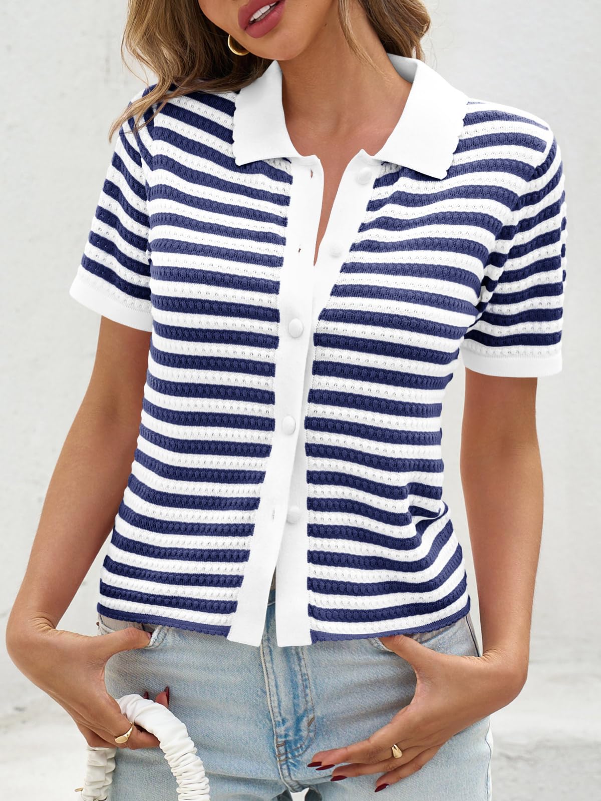 Foto 3 | Suéter Polo a Rayas Saodimallsu Manga Corta para Mujer Azul Marino - Venta Internacional