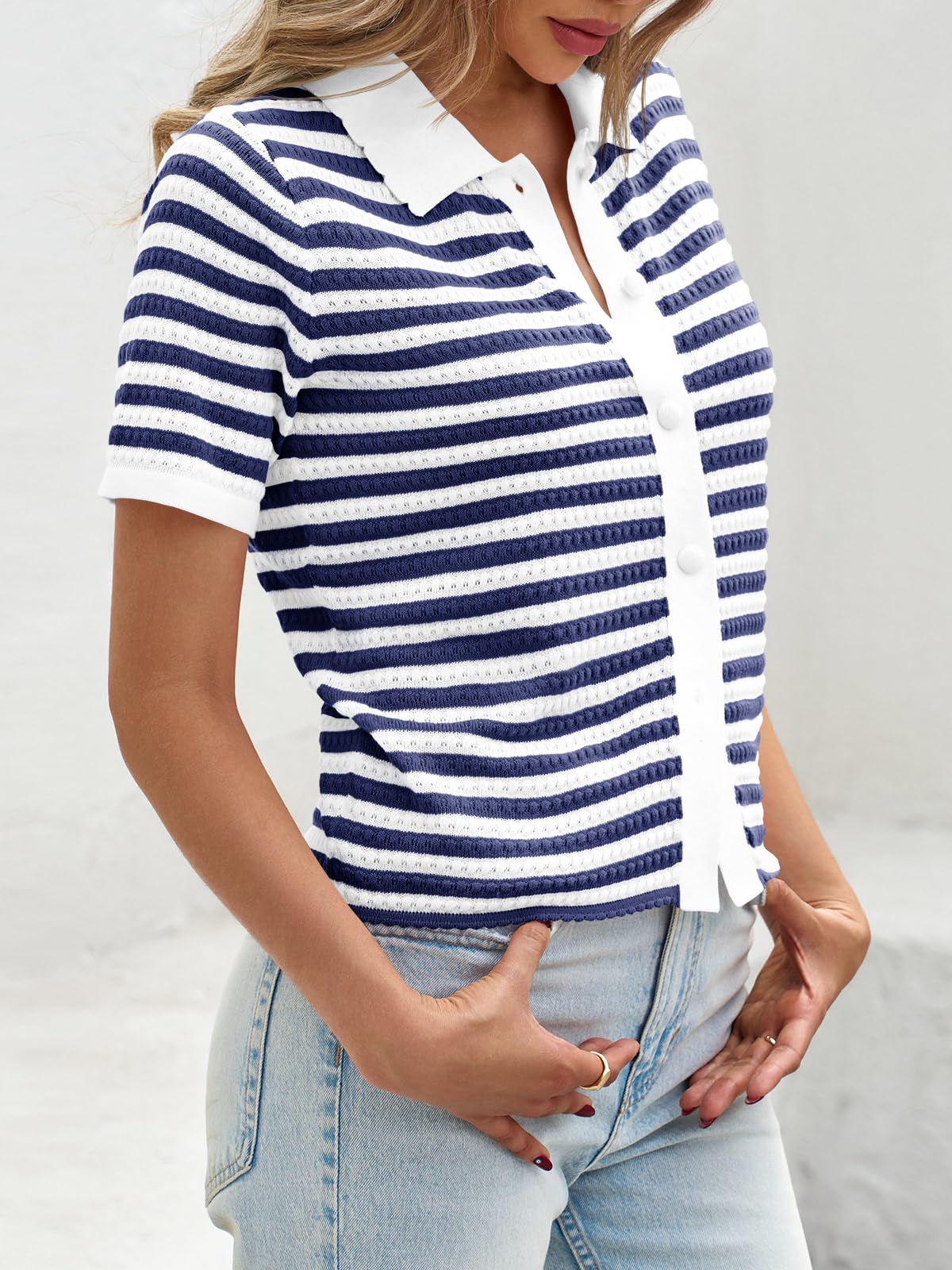 Foto 5 pulgar | Suéter Polo a Rayas Saodimallsu Manga Corta para Mujer Azul Marino - Venta Internacional