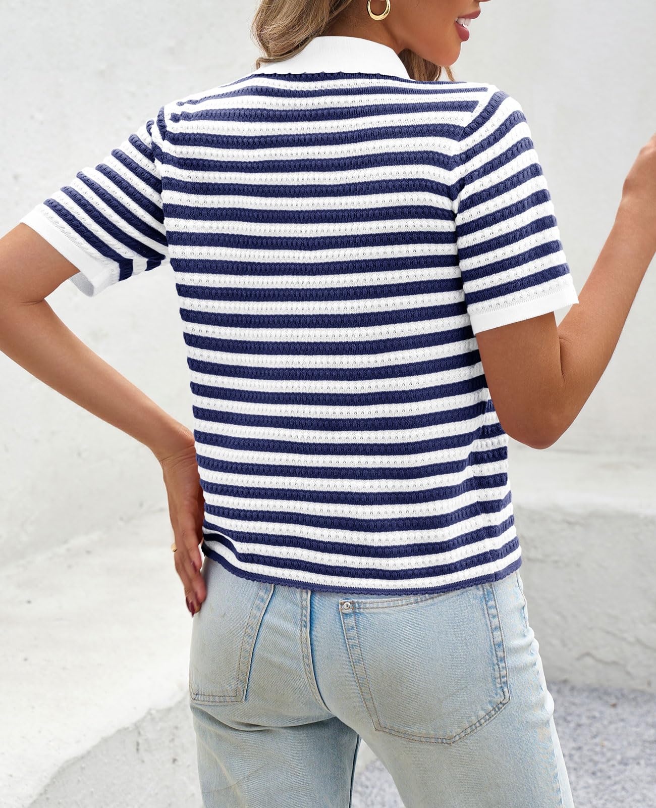 Foto 6 pulgar | Suéter Polo a Rayas Saodimallsu Manga Corta para Mujer Azul Marino - Venta Internacional