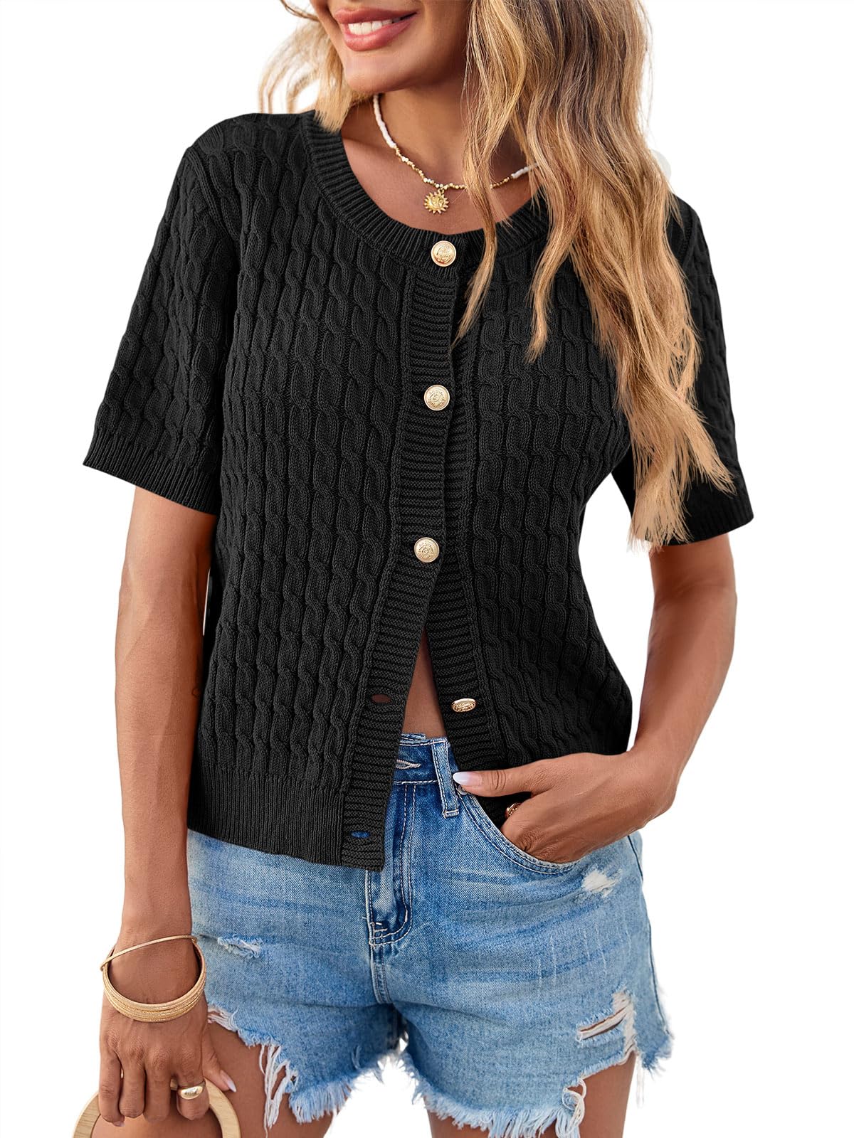 Foto 1 | Cárdigan Saodimallsu Manga Corta Tejido Trenzado para Mujer - Venta Internacional