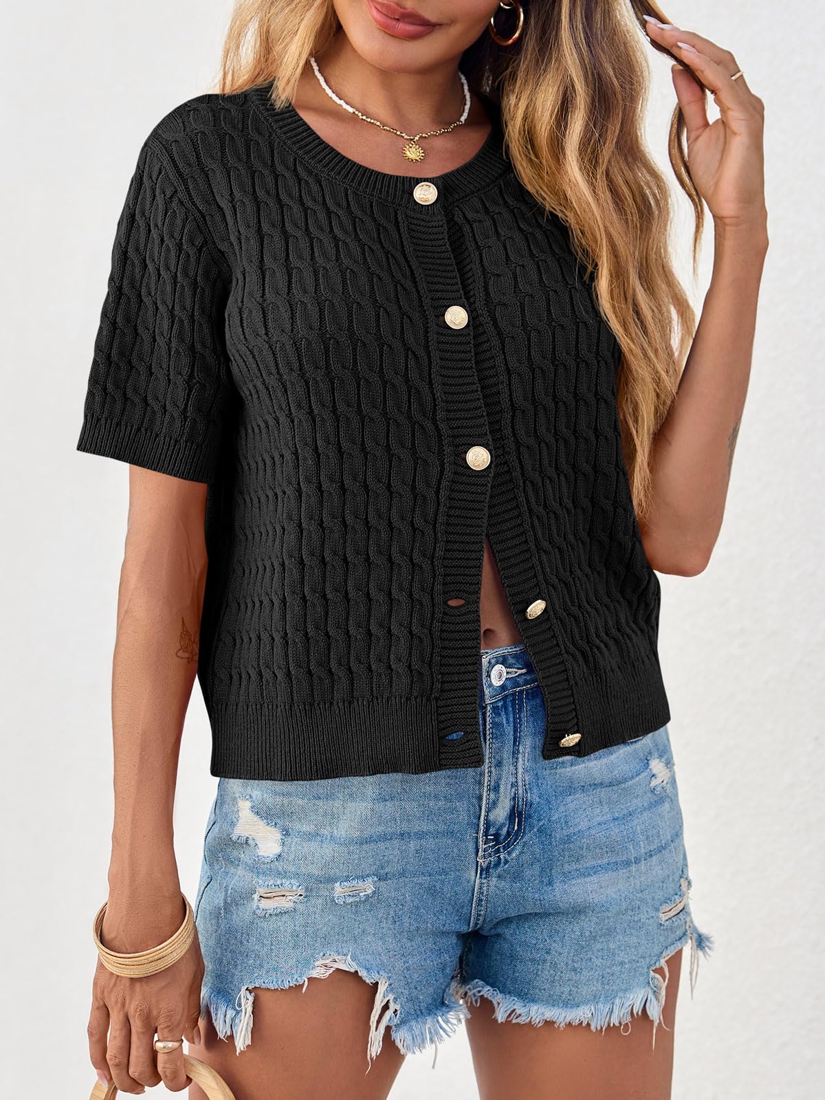 Foto 5 pulgar | Cárdigan Saodimallsu Manga Corta Tejido Trenzado para Mujer - Venta Internacional
