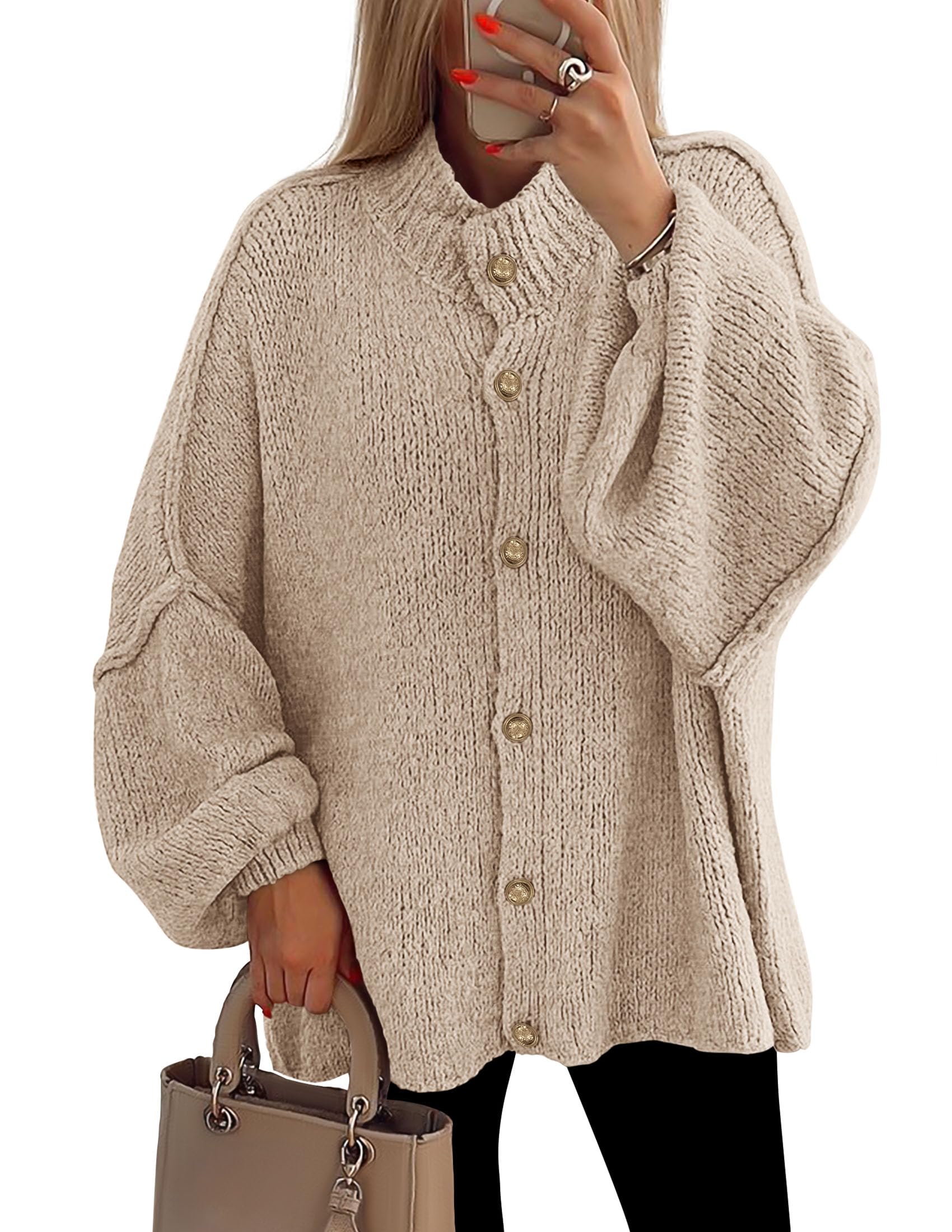 Jersey Tipo Cárdigan Prettygarden De Punto Grueso Para Mujer, Color Caqui Claro - Venta Internacional.
