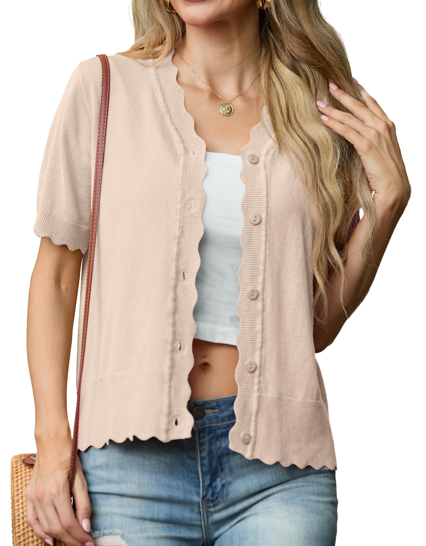 Foto 3 pulgar | Chaqueta De Punto Grecerelle Para Mujer, Manga Corta, Cuello En V, Color Albaricoque - Venta Internacional.