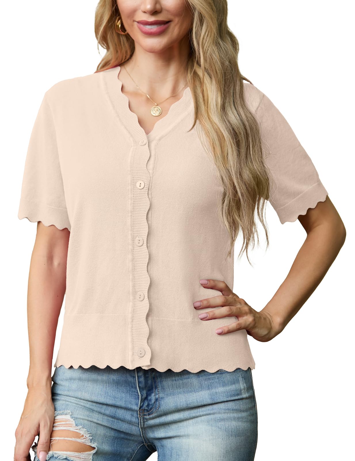 Foto 4 pulgar | Chaqueta De Punto Grecerelle Para Mujer, Manga Corta, Cuello En V, Color Albaricoque - Venta Internacional.