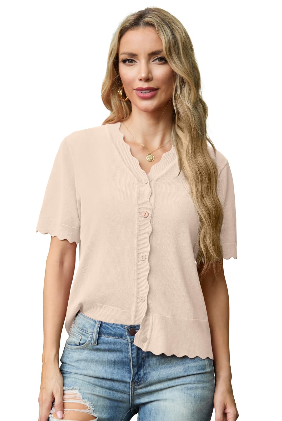 Foto 4 | Chaqueta De Punto Grecerelle Para Mujer, Manga Corta, Cuello En V, Color Albaricoque - Venta Internacional.