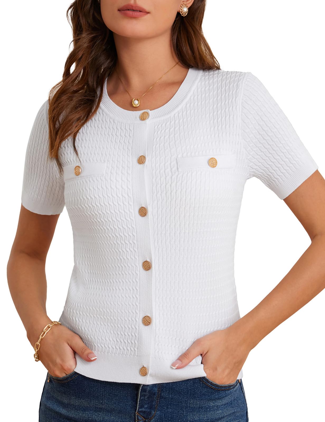 Jersey Tipo Cárdigan Grace Karin De Manga Corta Para Mujer, Color Blanco - Venta Internacional.