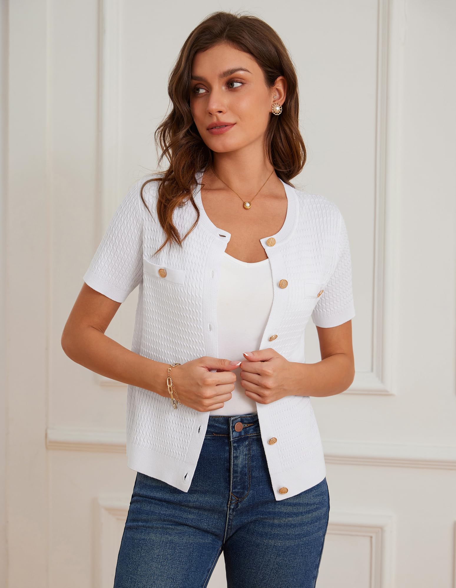 Foto 4 pulgar | Jersey Tipo Cárdigan Grace Karin De Manga Corta Para Mujer, Color Blanco - Venta Internacional.