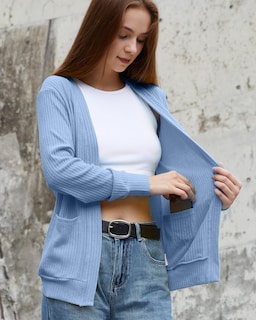 Foto 2 | Jersey Tipo Cárdigan Argstar Para Mujer, Frente Abierto, Azul Grisáceo, Talla L - Venta Internacional.