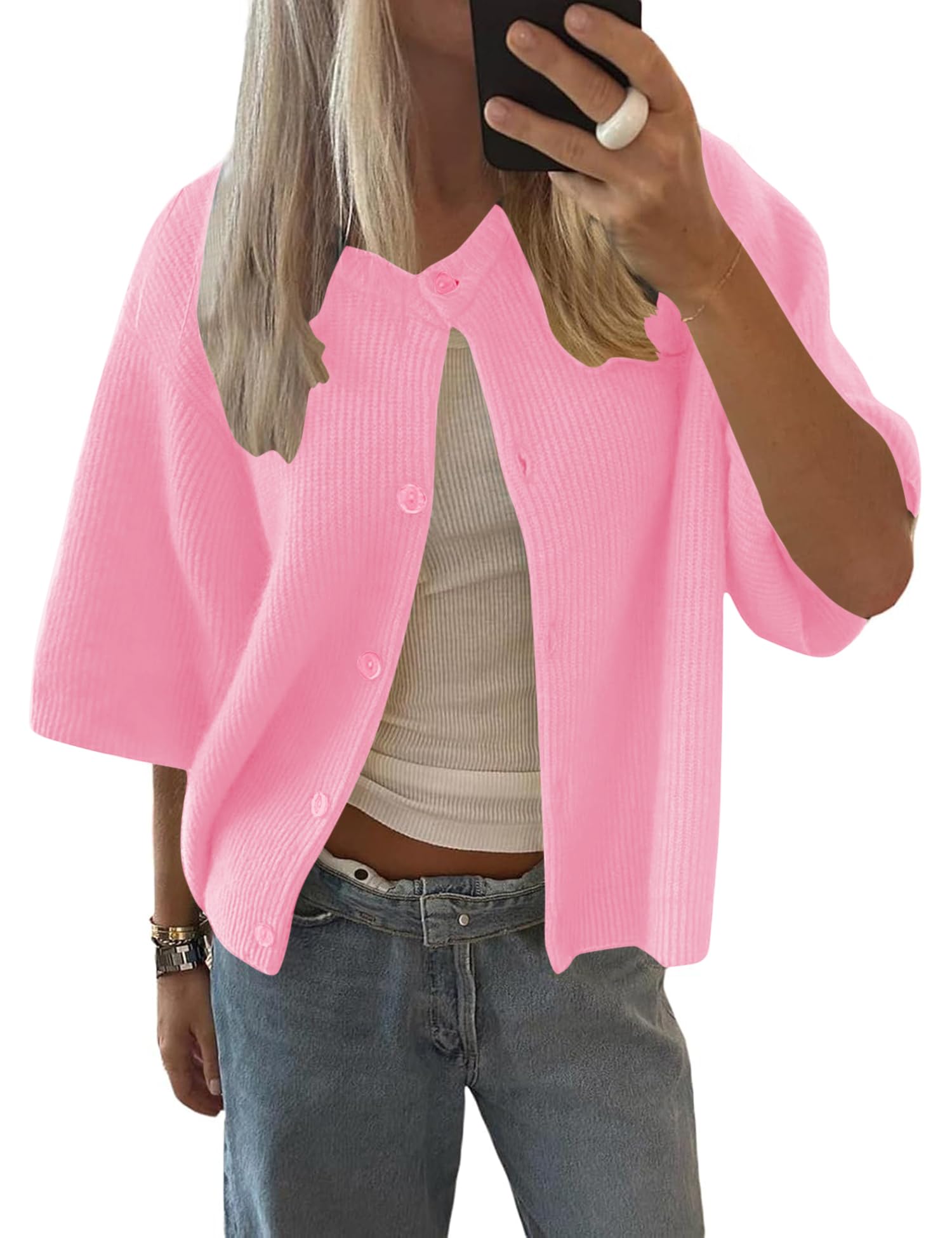 Foto 2 pulgar | Cárdigan Lomon Para Mujer, Primavera Y Verano, Manga Corta, Rosa, Xl - Venta Internacional.
