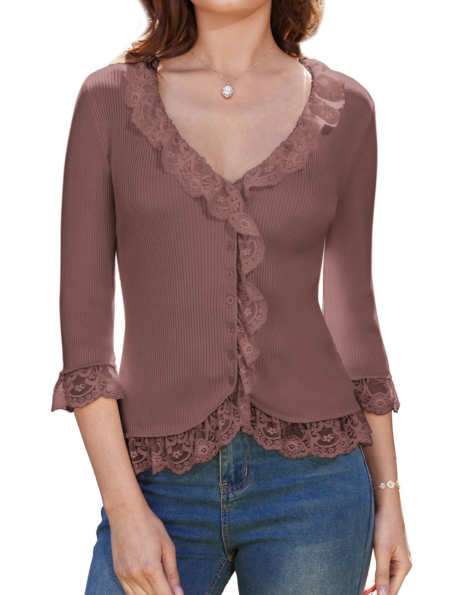 Foto 1 | Jersey Tipo Cárdigan Grace Karin Con Encaje Abierto En La Parte Delantera Rosa Oscuro - Venta Internacional.
