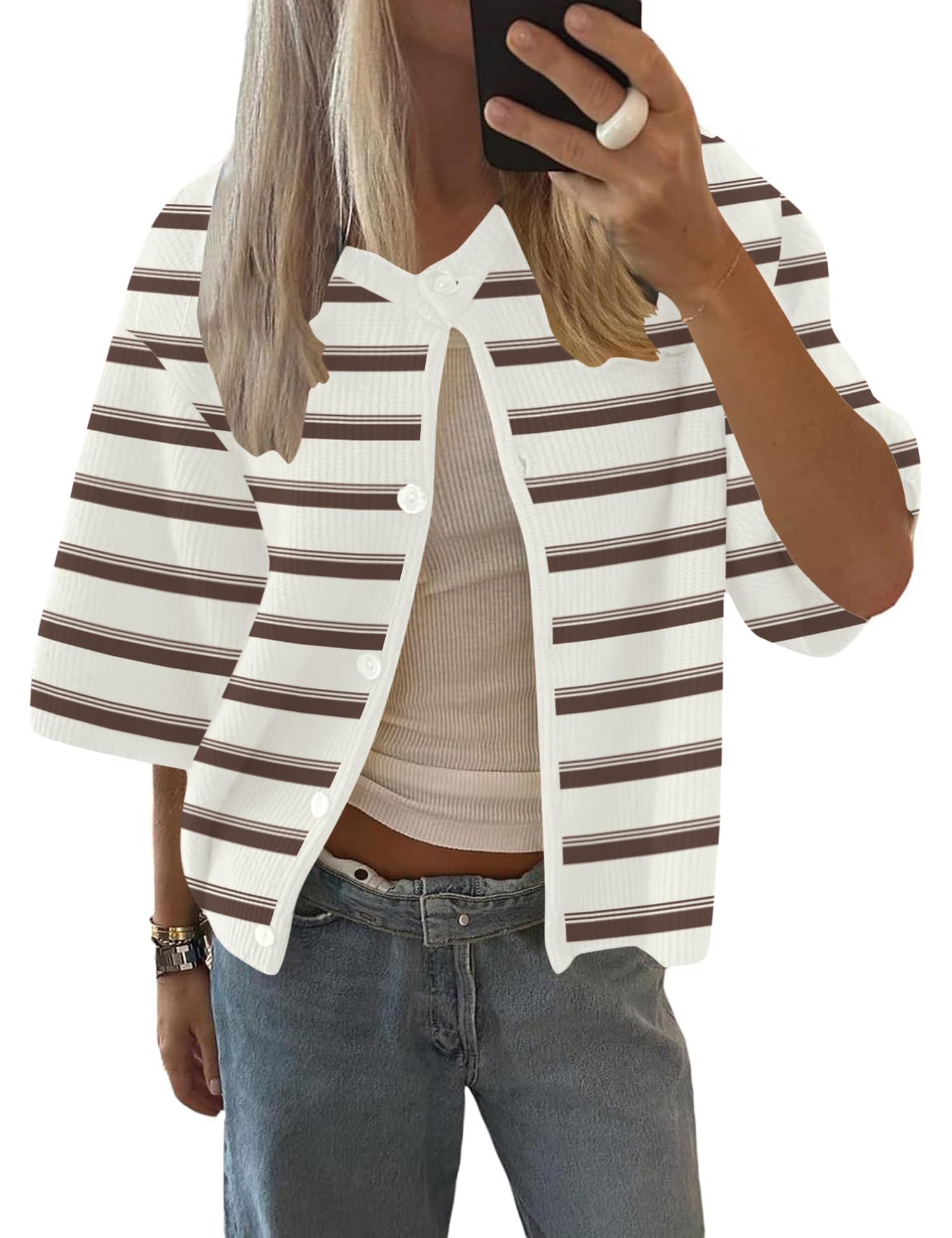 Foto 2 pulgar | Cárdigan Lomon Para Mujer, Primavera-verano, Manga Corta, Punto Blanco A Rayas - Venta Internacional.