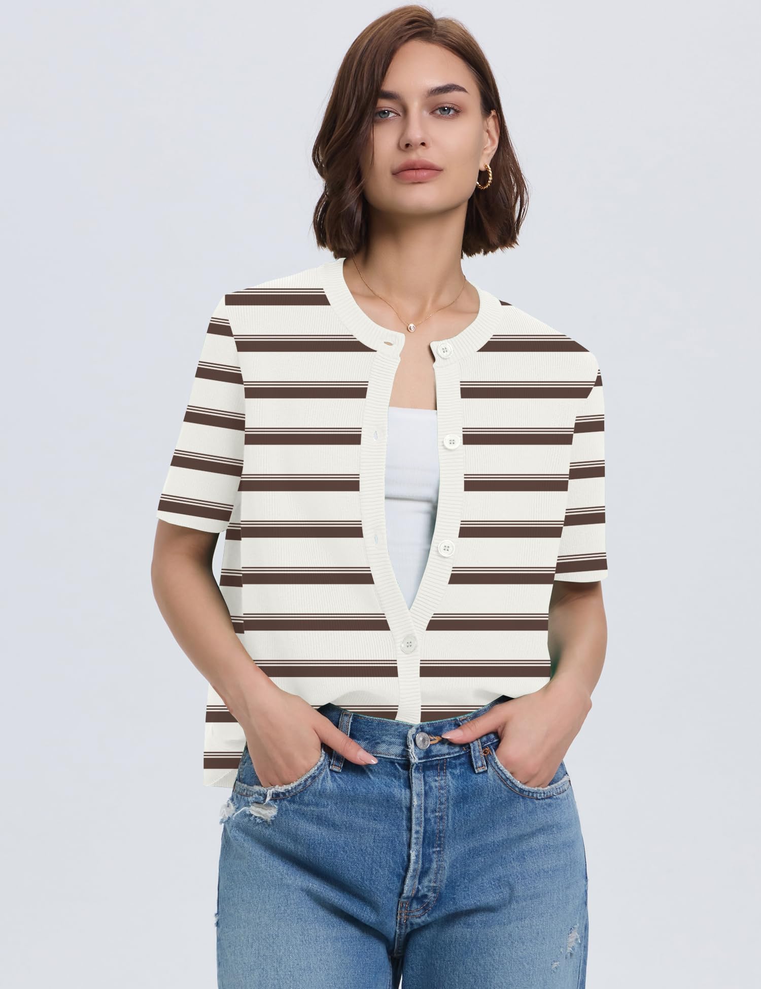 Foto 4 pulgar | Cárdigan Lomon Para Mujer, Primavera-verano, Manga Corta, Punto Blanco A Rayas - Venta Internacional.