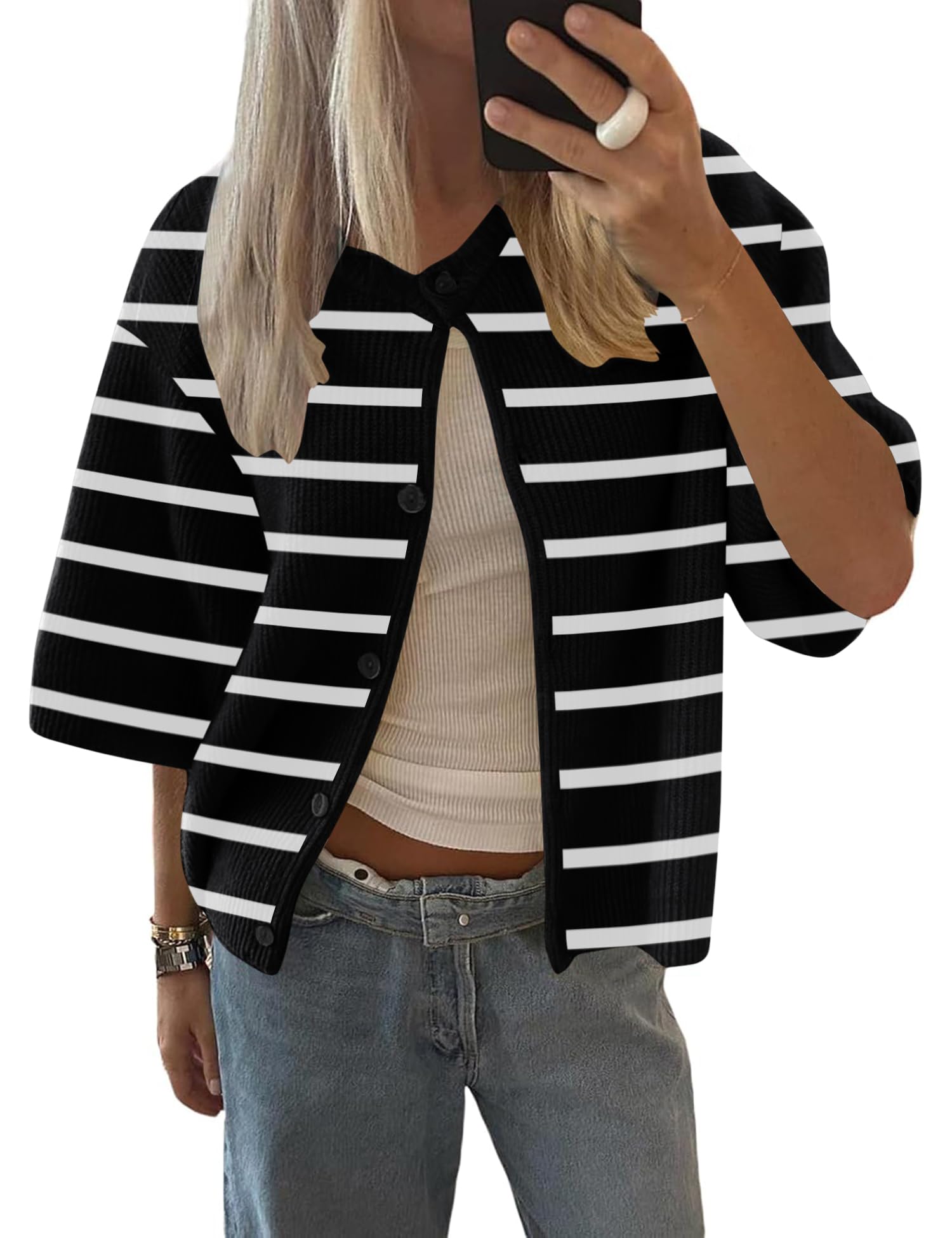 Foto 1 | Cárdigan Lomon Para Mujer, Primavera Y Verano, Manga Corta, Tejido A Rayas En Blanco Y Negro - Venta Internacional.