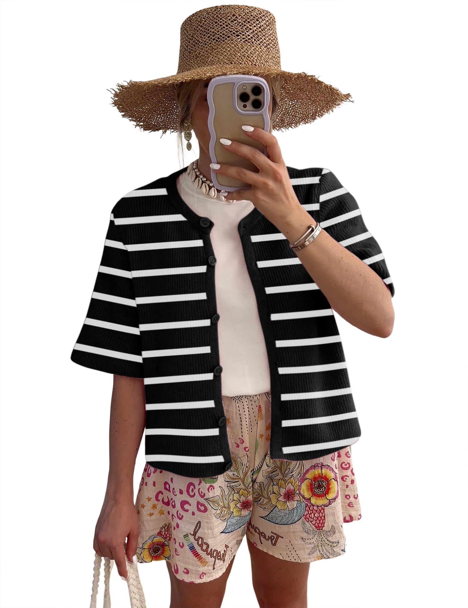 Foto 3 pulgar | Cárdigan Lomon Para Mujer, Primavera Y Verano, Manga Corta, Tejido A Rayas En Blanco Y Negro - Venta Internacional.